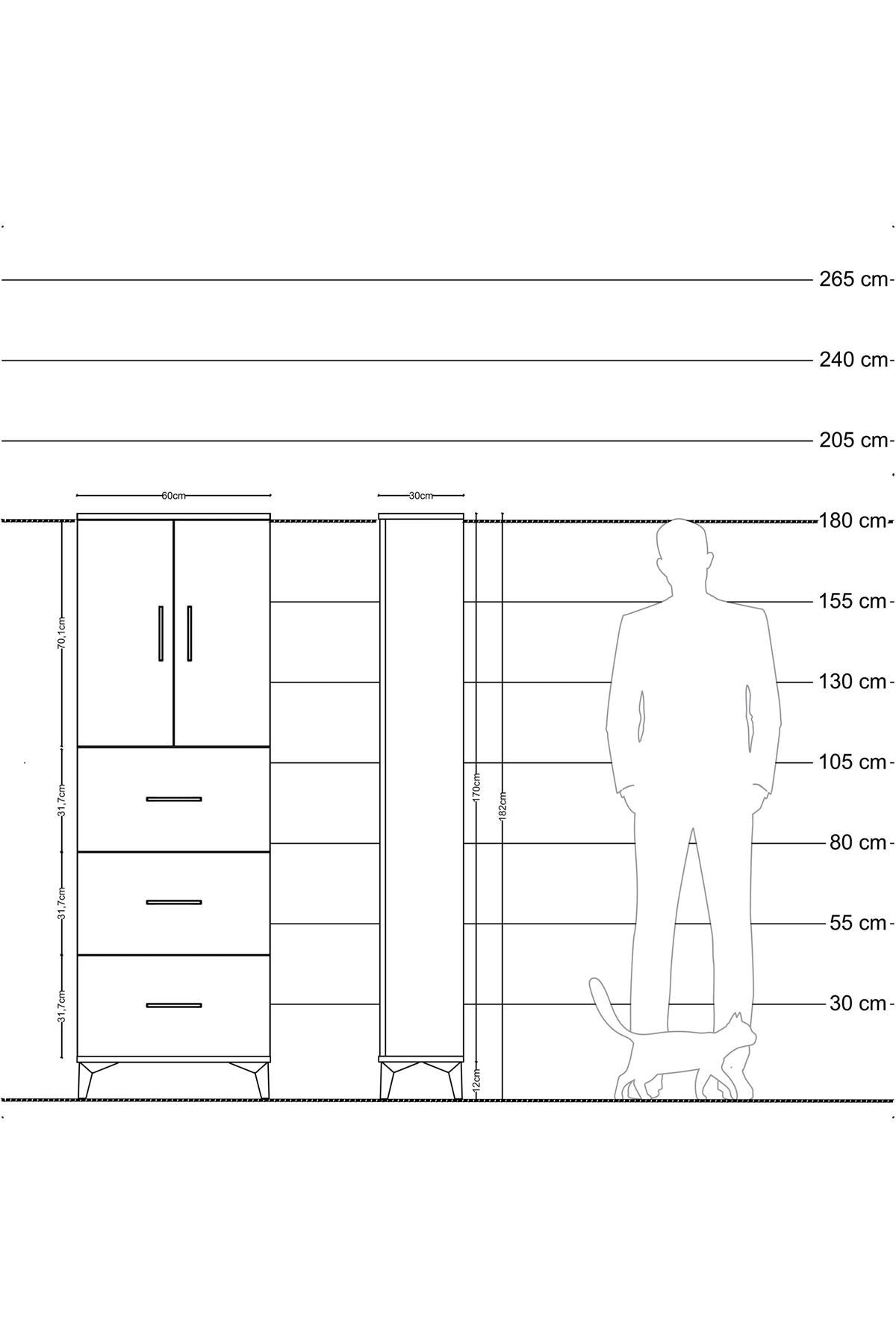 Arges Dolap 3 Raflı 3 Çekmeceli 2 Kapaklı 60x30x182 Antrasit-Çam
