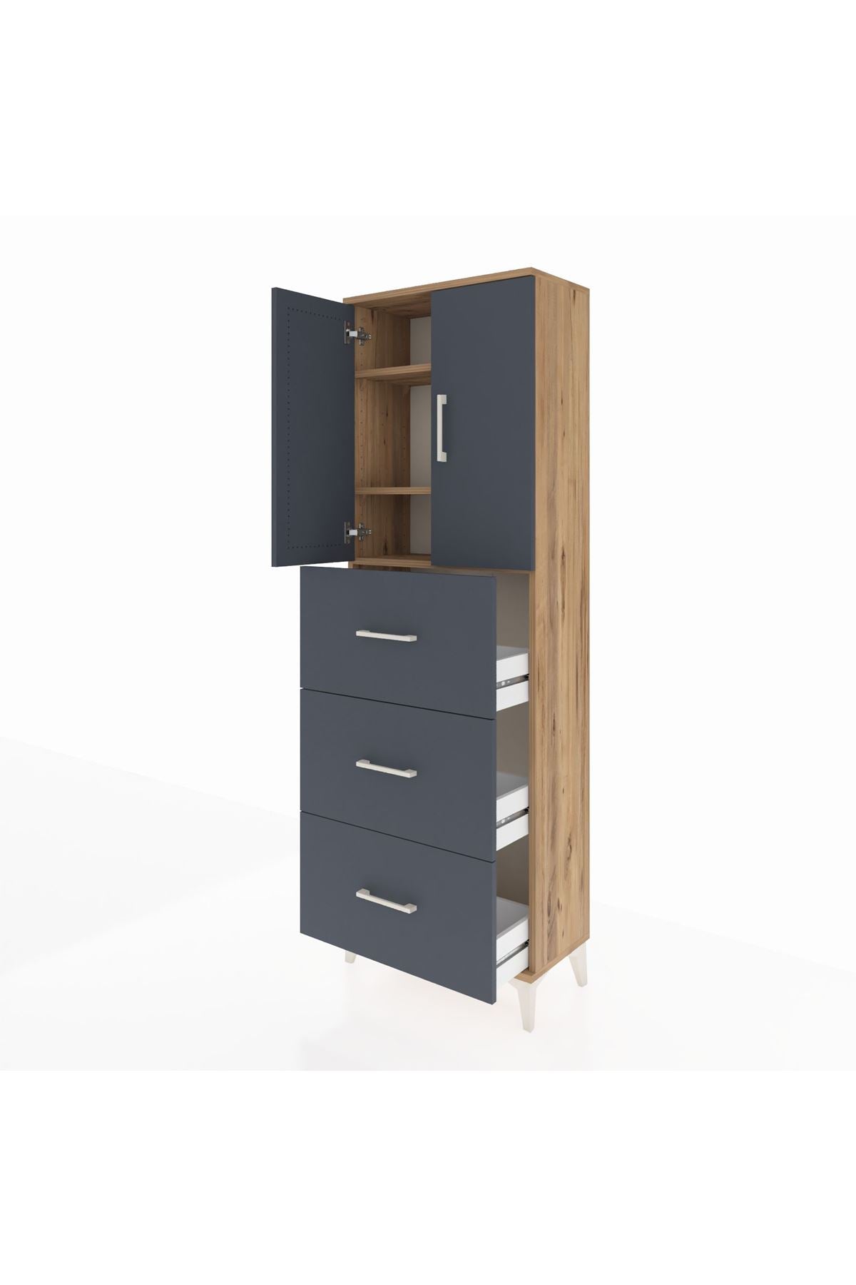 Arges Dolap 3 Raflı 3 Çekmeceli 2 Kapaklı 60x30x182 Çam-Antrasit