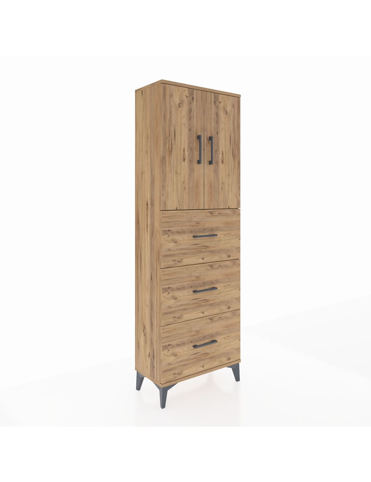 Arges Dolap 3 Raflı 3 Çekmeceli 2 Kapaklı 60x30x182 Çam-Çam