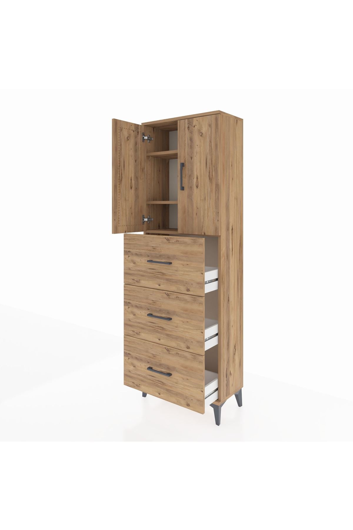 Arges Dolap 3 Raflı 3 Çekmeceli 2 Kapaklı 60x30x182 Çam-Çam