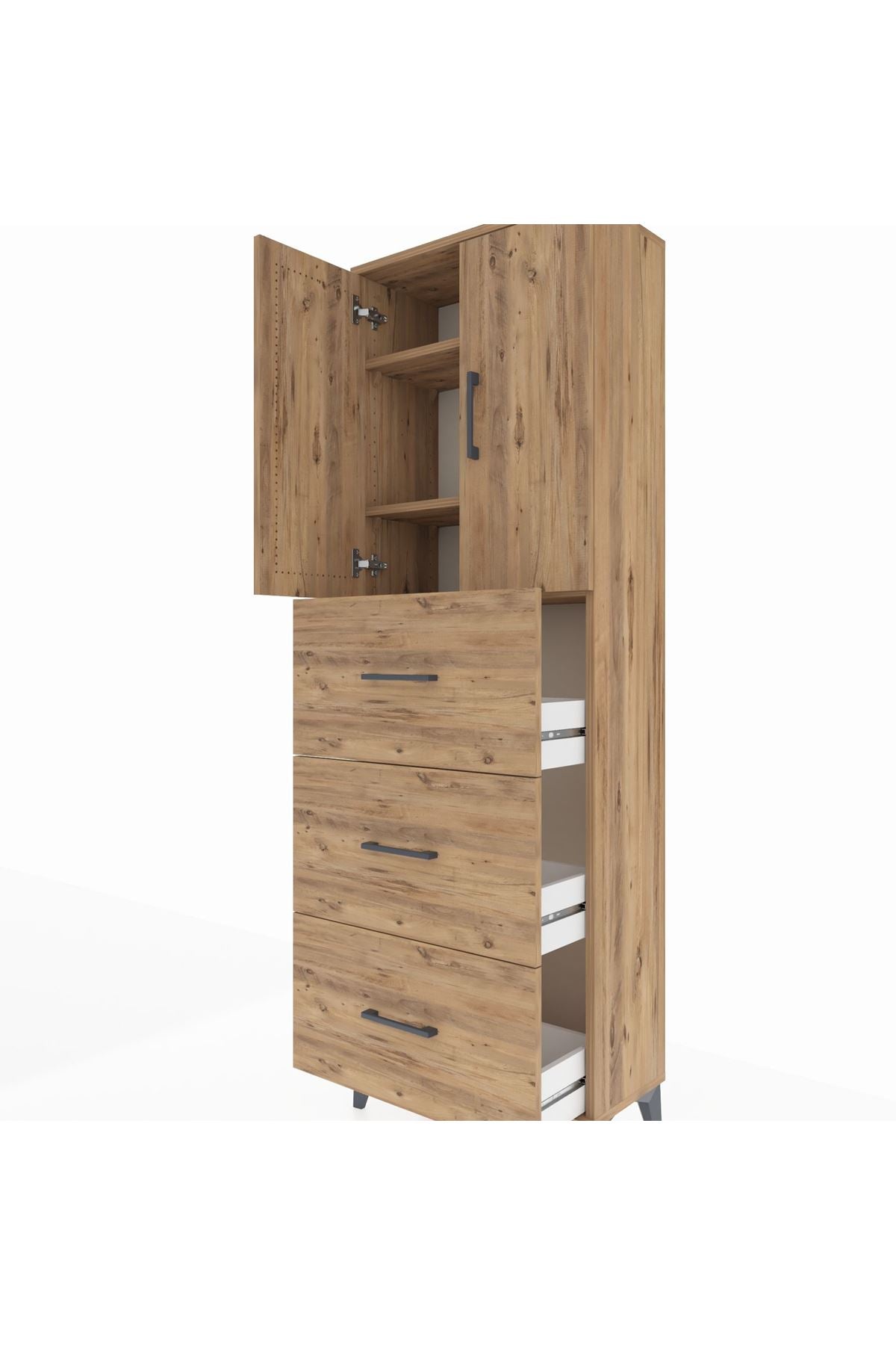 Arges Dolap 3 Raflı 3 Çekmeceli 2 Kapaklı 60x30x182 Çam-Çam