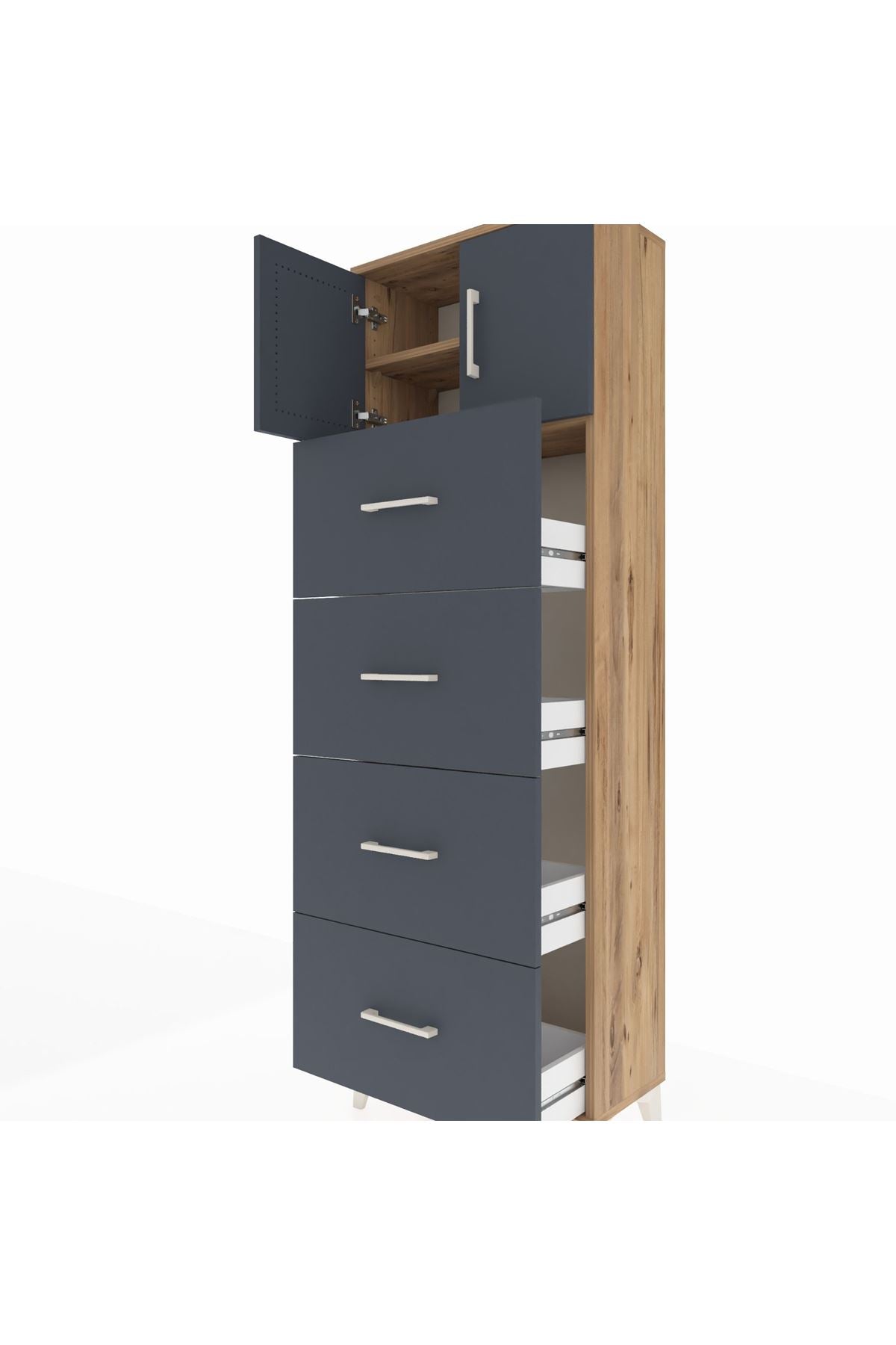 Arges Dolap 2 Raflı 4 Çekmeceli 2 Kapaklı 60x30x182 Çam-Antrasit