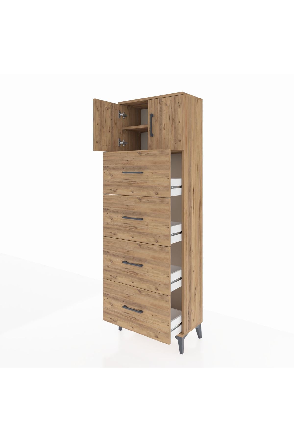 Arges Dolap 2 Raflı 4 Çekmeceli 2 Kapaklı 60x30x182 Çam-Çam