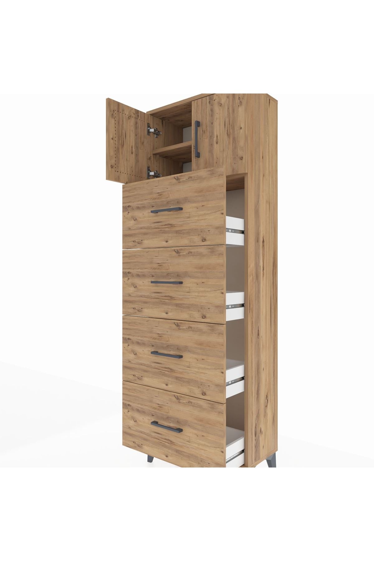 Arges Dolap 2 Raflı 4 Çekmeceli 2 Kapaklı 60x30x182 Çam-Çam