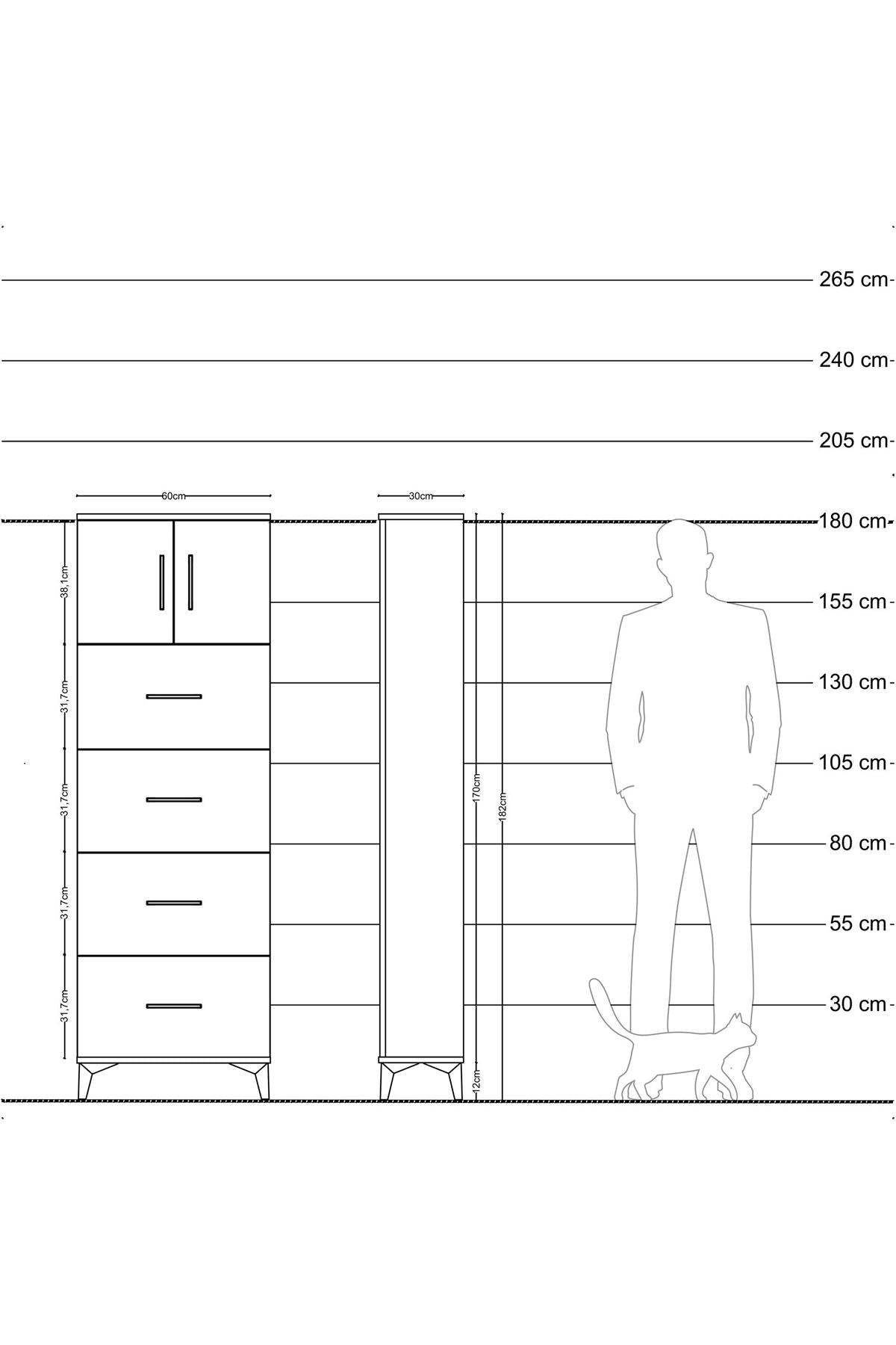 Arges Dolap 2 Raflı 4 Çekmeceli 2 Kapaklı 60x30x182 Çam-Çam