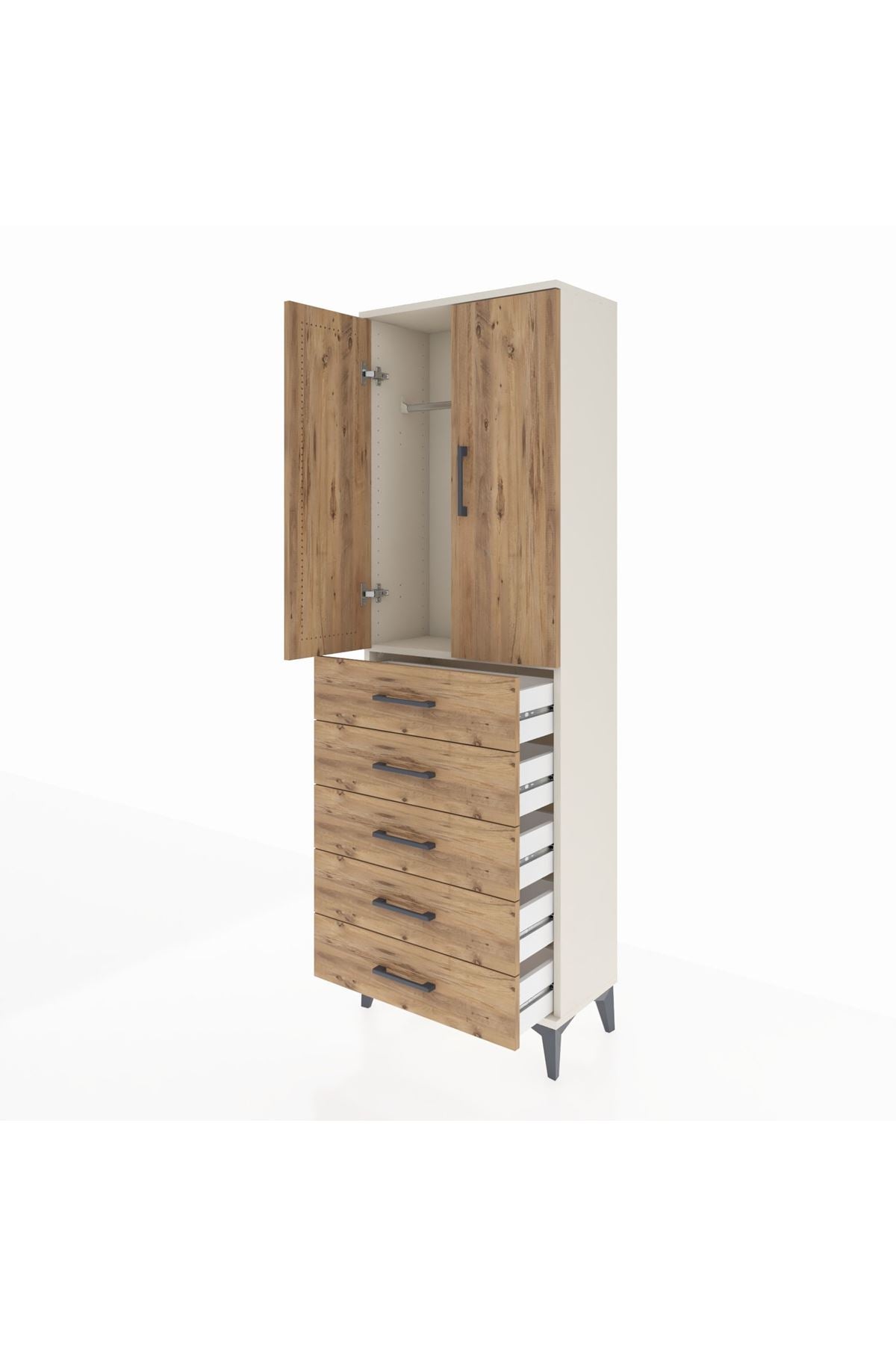 Arges Dolap Tek Raflı 5 Çekmeceli Tek Askılı 60x30x182 Aytaşı-Çam