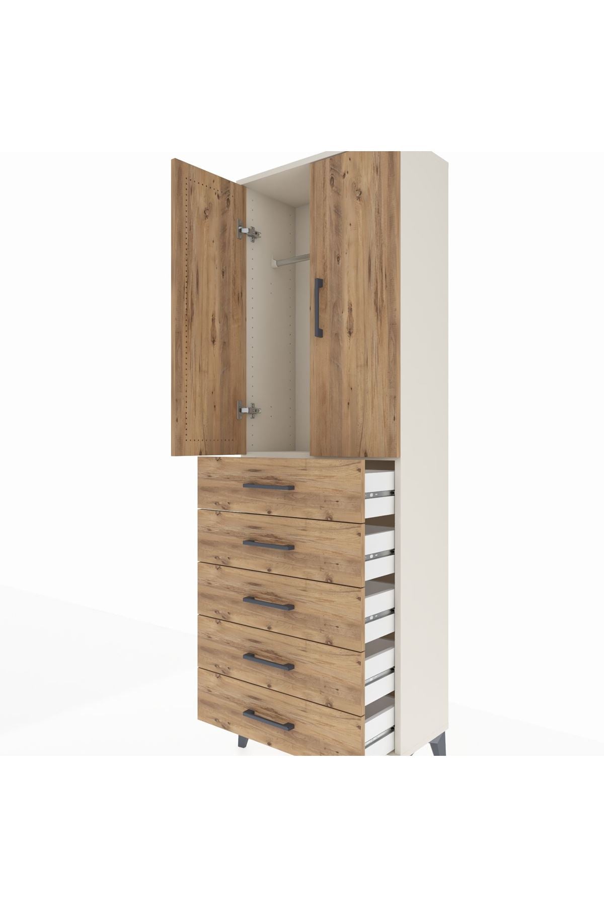 Arges Dolap Tek Raflı 5 Çekmeceli Tek Askılı 60x30x182 Aytaşı-Çam