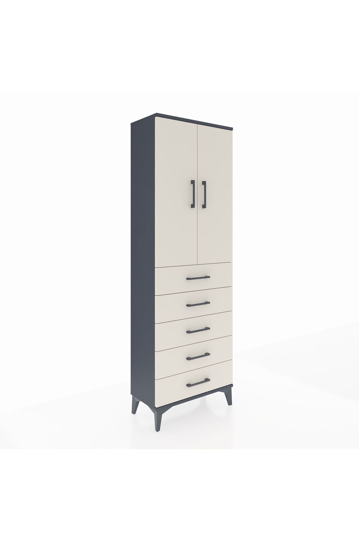 Arges Dolap Tek Raflı 5 Çekmeceli Tek Askılı 60x30x182 Antrasit-Aytaşı