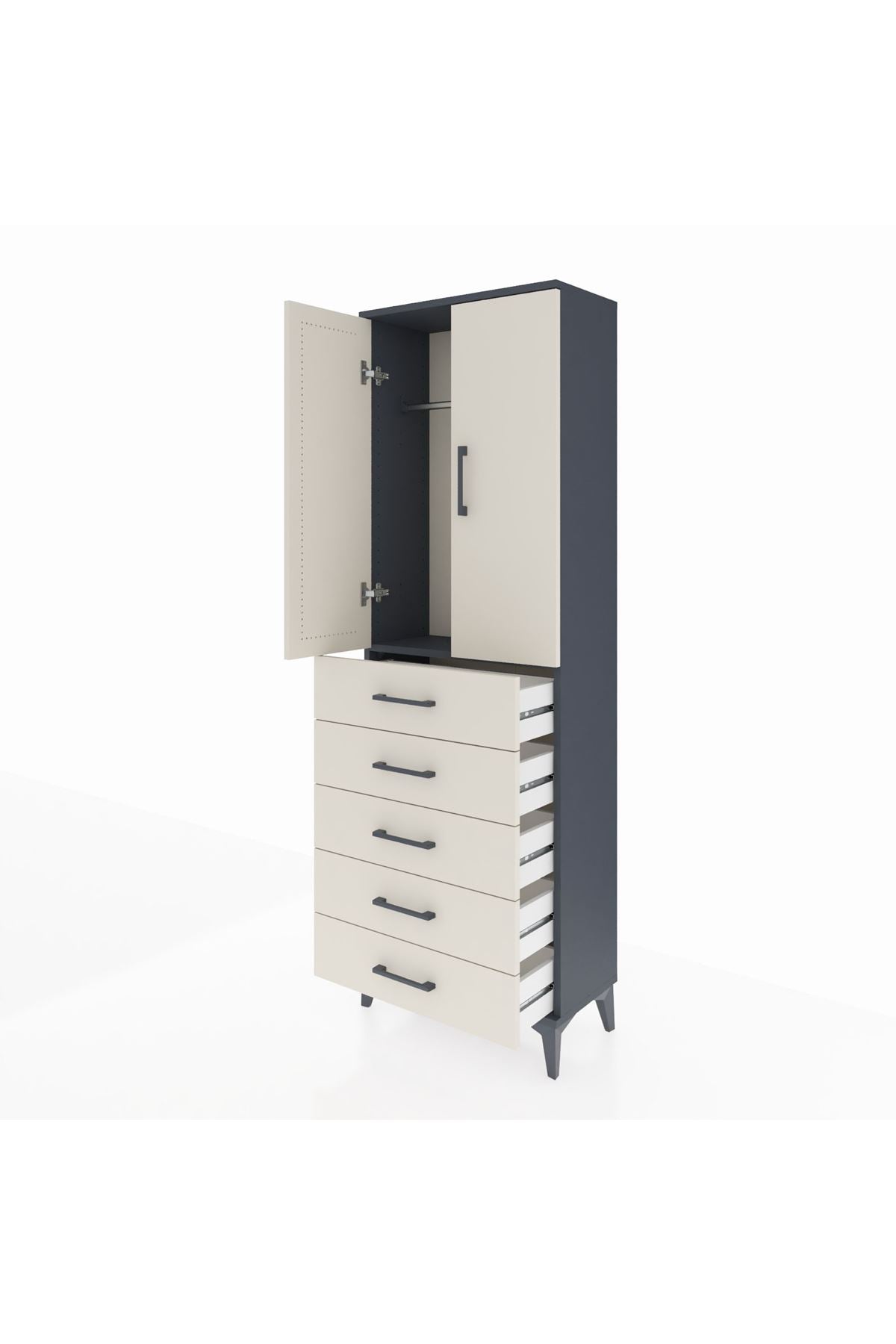 Arges Dolap Tek Raflı 5 Çekmeceli Tek Askılı 60x30x182 Antrasit-Aytaşı