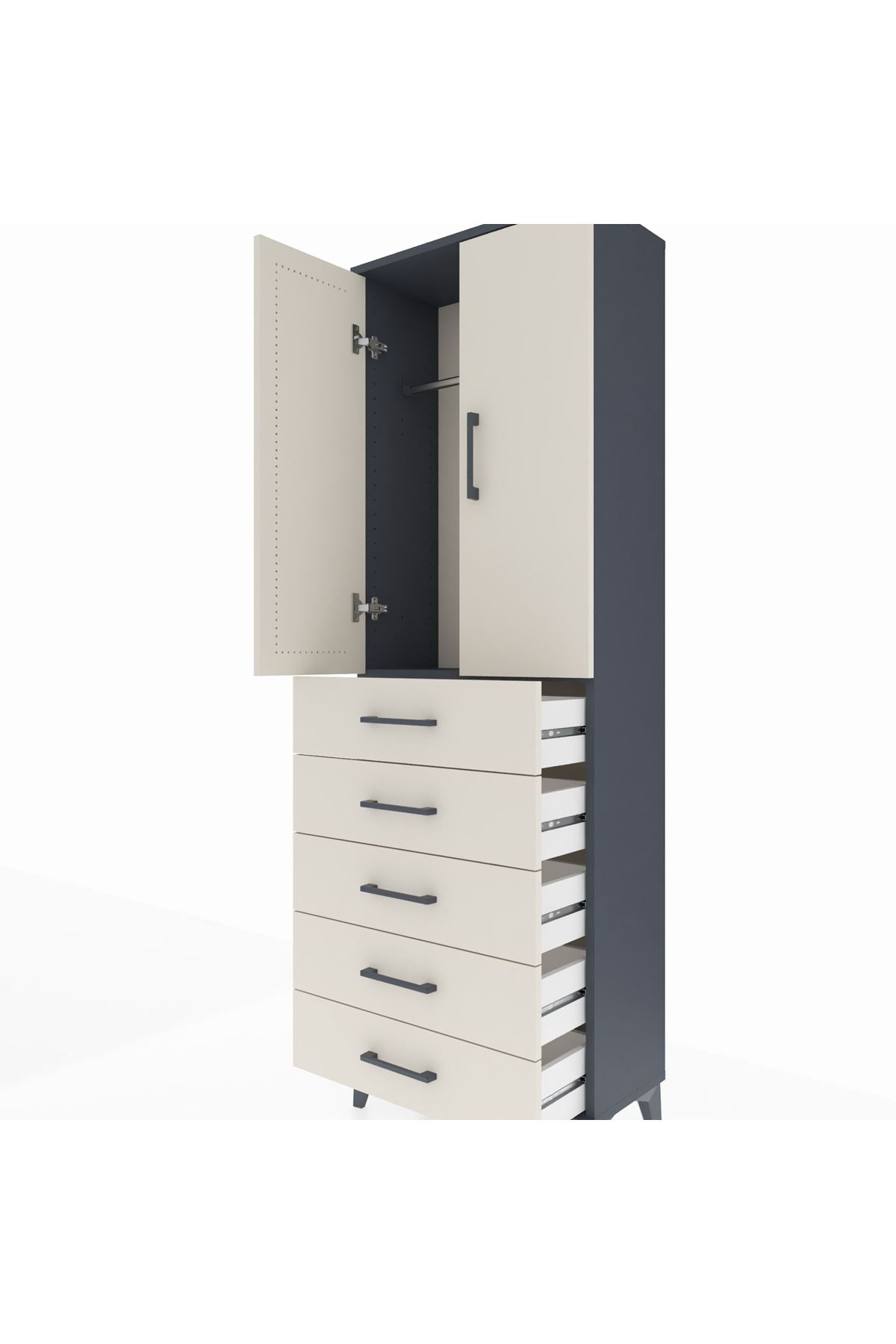 Arges Dolap Tek Raflı 5 Çekmeceli Tek Askılı 60x30x182 Antrasit-Aytaşı