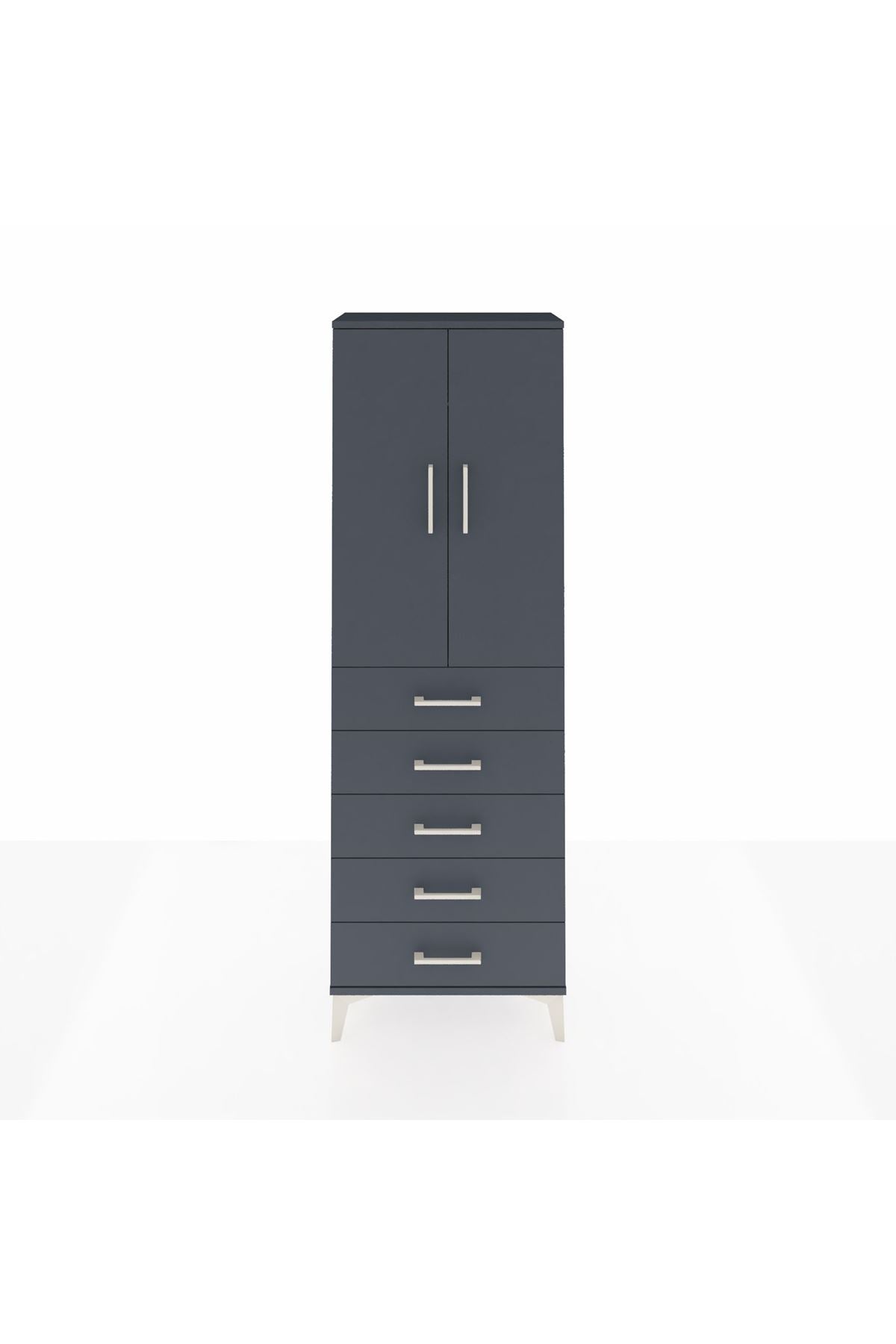 Arges Dolap Tek Raflı 5 Çekmeceli Tek Askılı 60x30x182 Antrasit-Antrasit