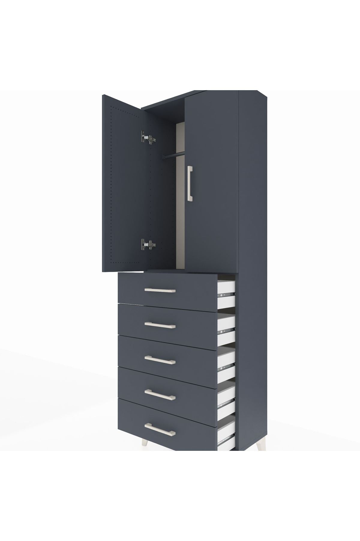 Arges Dolap Tek Raflı 5 Çekmeceli Tek Askılı 60x30x182 Antrasit-Antrasit