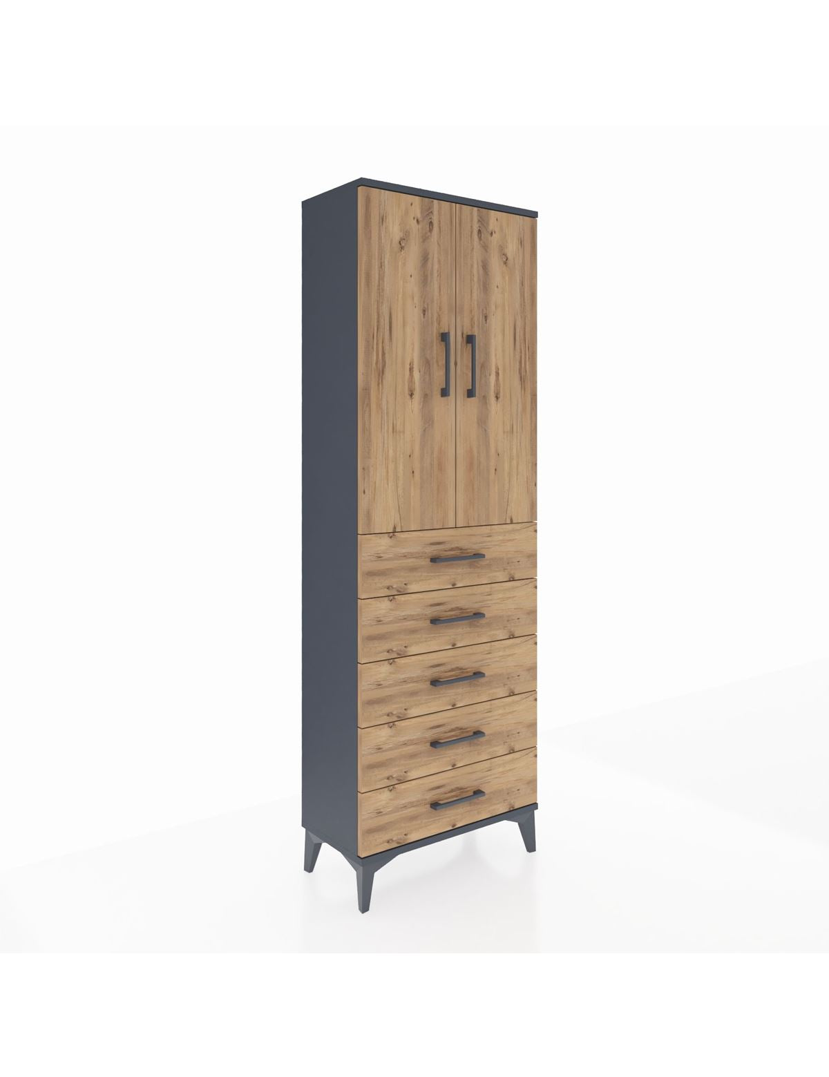 Arges Dolap Tek Raflı 5 Çekmeceli Tek Askılı 60x30x182 Antrasit-Çam