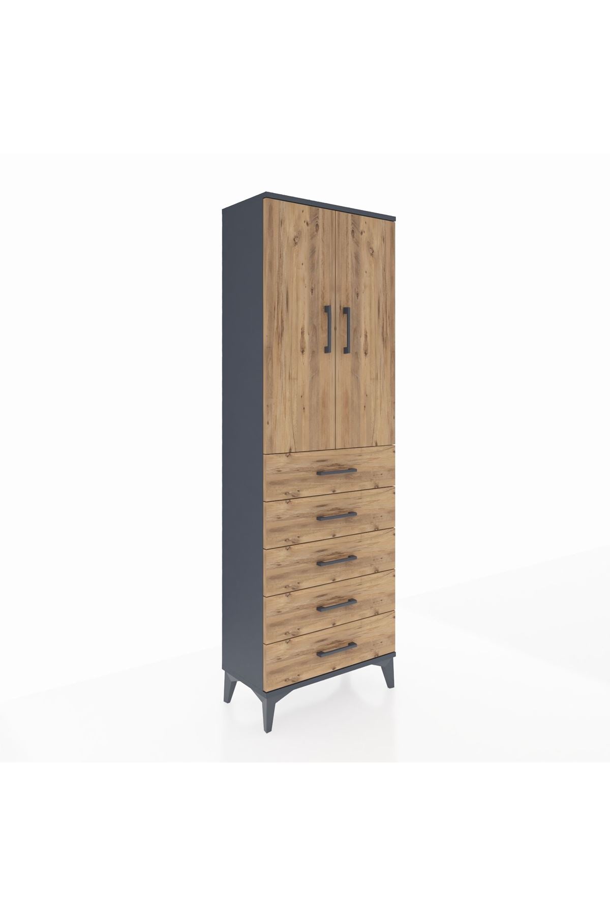 Arges Dolap Tek Raflı 5 Çekmeceli Tek Askılı 60x30x182 Antrasit-Çam