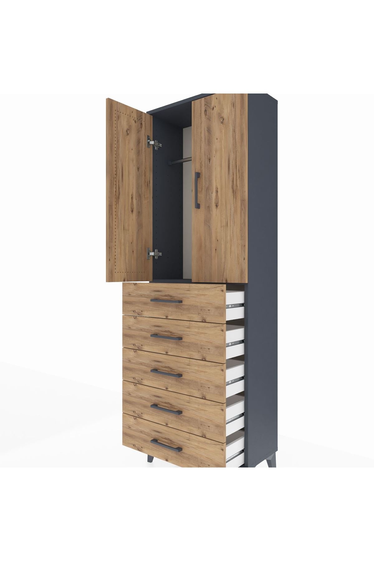 Arges Dolap Tek Raflı 5 Çekmeceli Tek Askılı 60x30x182 Antrasit-Çam