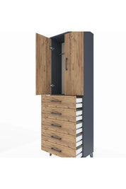 Arges Dolap Tek Raflı 5 Çekmeceli Tek Askılı 60x30x182 Antrasit-Çam