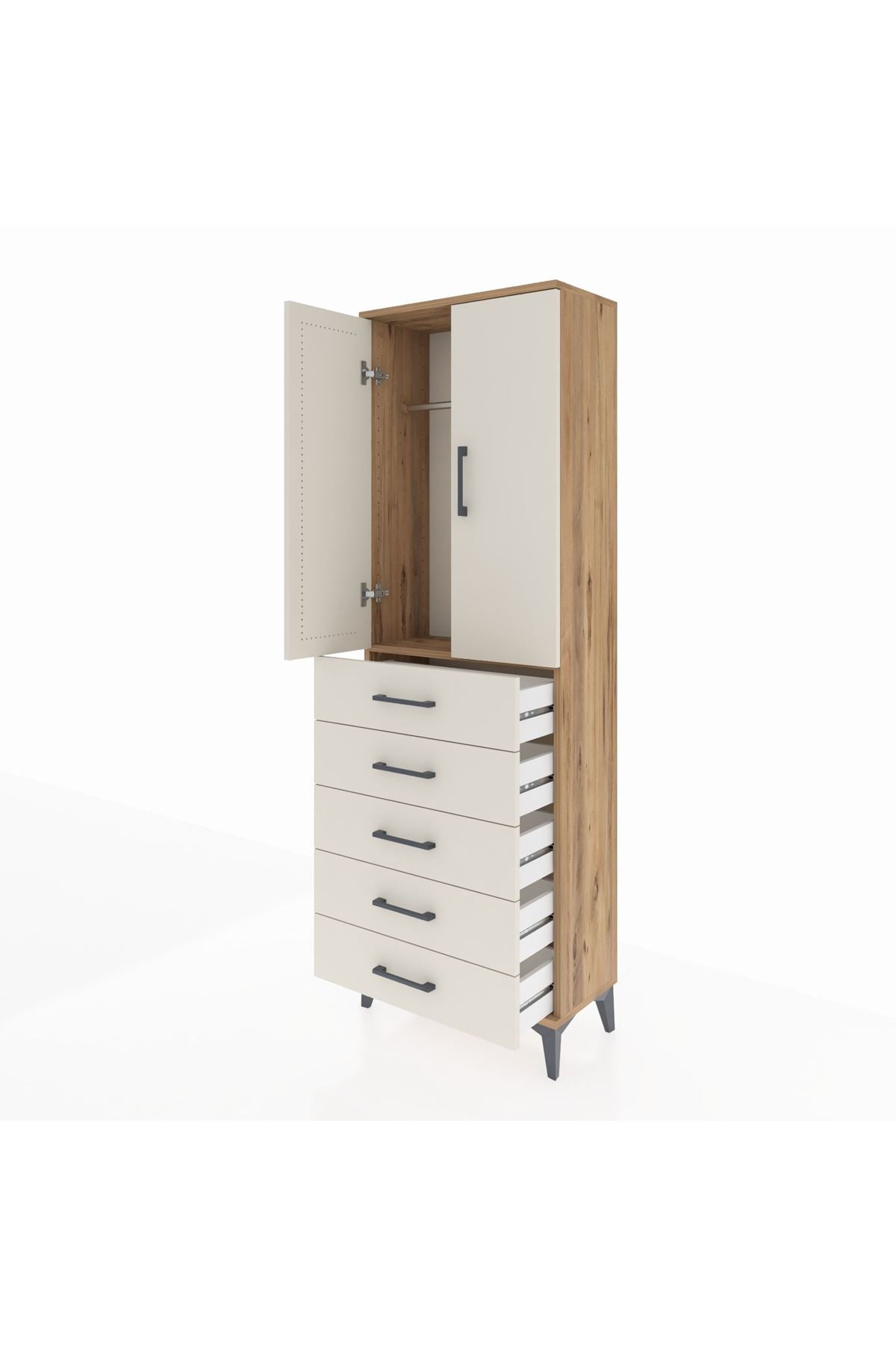 Arges Dolap Tek Raflı 5 Çekmeceli Tek Askılı 60x30x182 Çam-Aytaşı