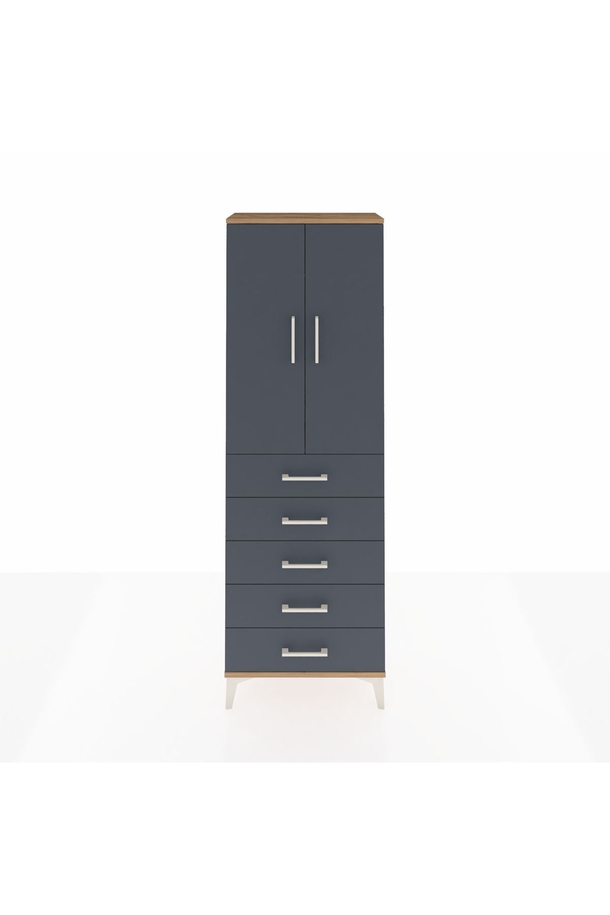 Arges Dolap Tek Raflı 5 Çekmeceli Tek Askılı 60x30x182 Çam-Antrasit