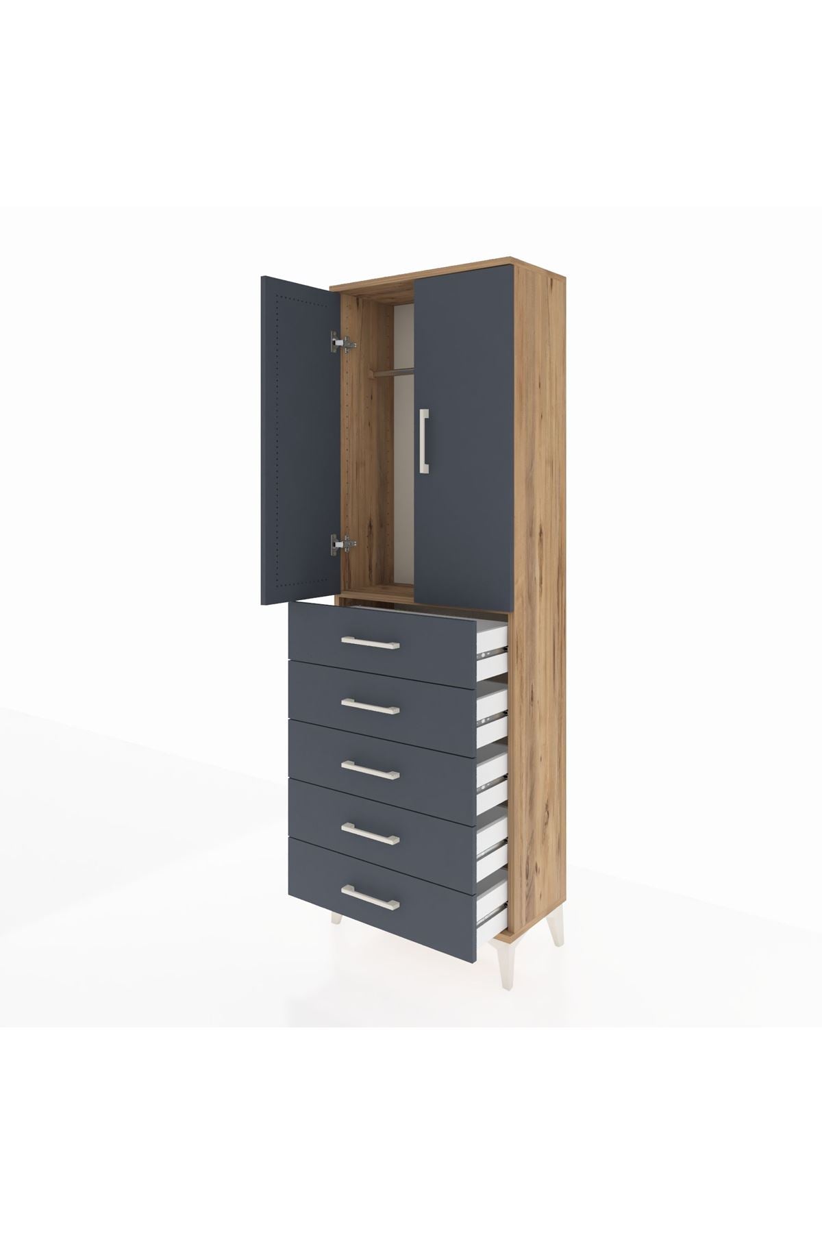 Arges Dolap Tek Raflı 5 Çekmeceli Tek Askılı 60x30x182 Çam-Antrasit