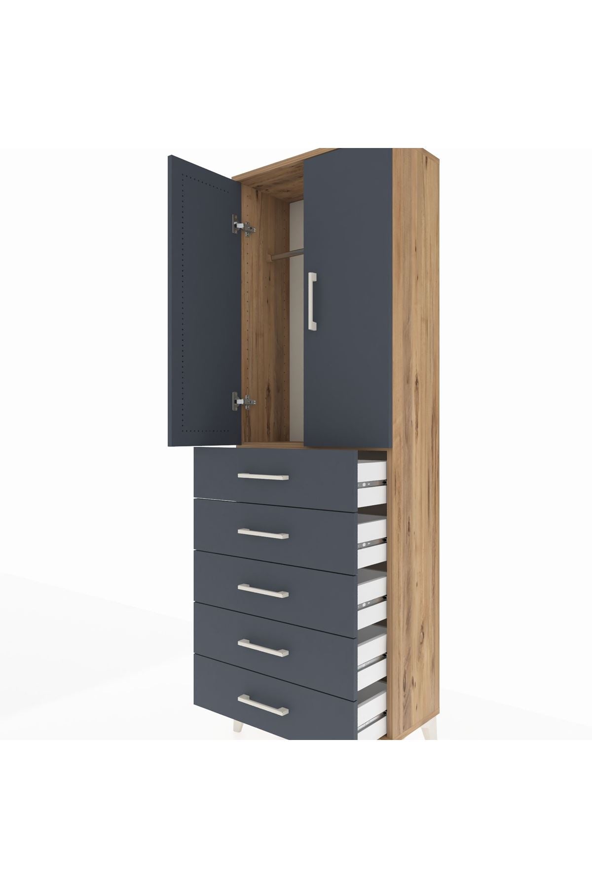 Arges Dolap Tek Raflı 5 Çekmeceli Tek Askılı 60x30x182 Çam-Antrasit