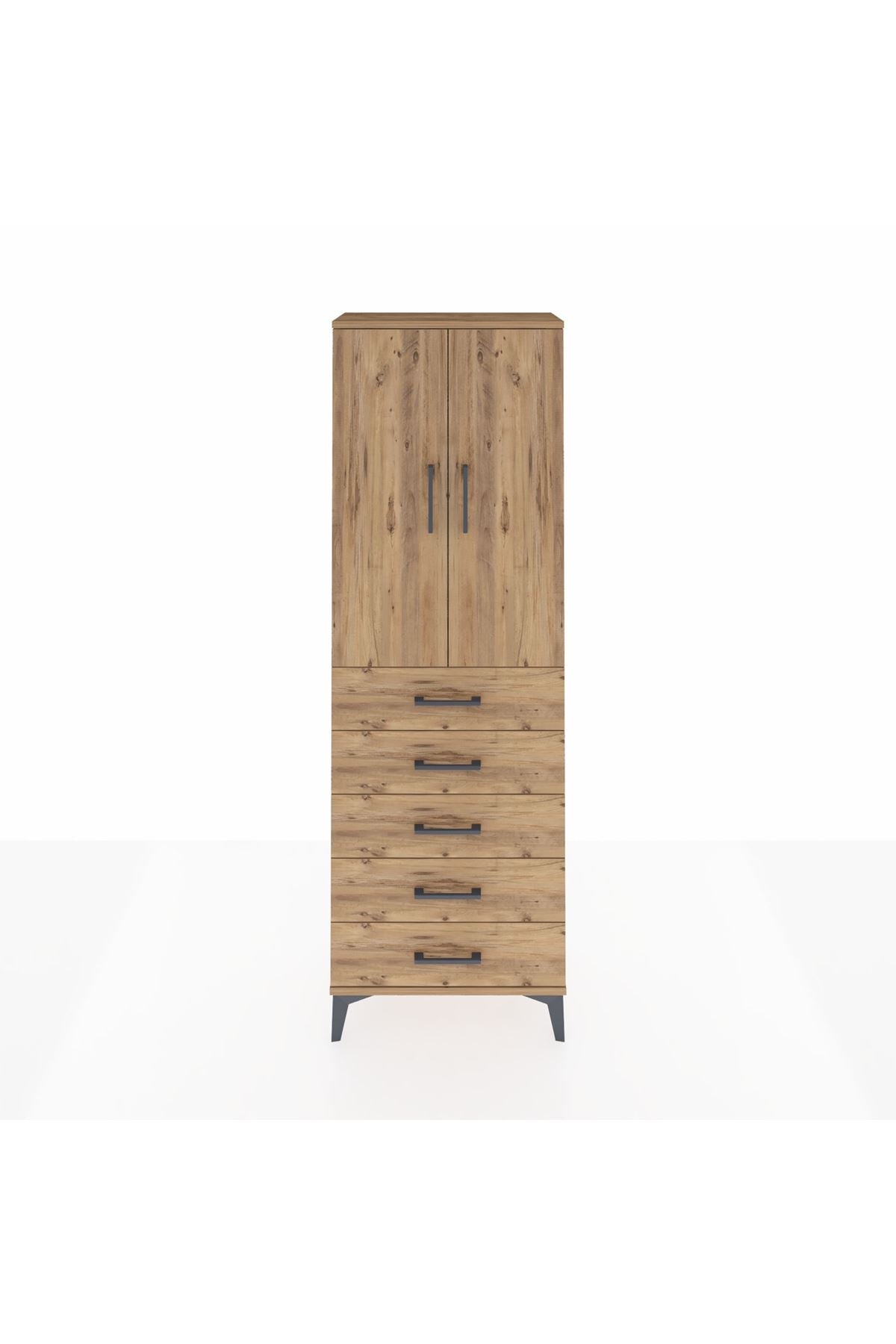 Arges Dolap Tek Raflı 5 Çekmeceli Tek Askılı 60x30x182 Çam-Çam