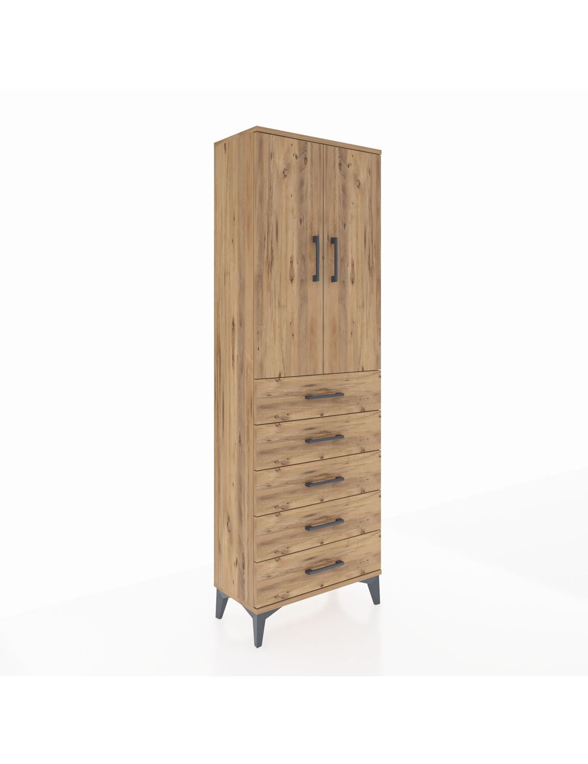 Arges Dolap Tek Raflı 5 Çekmeceli Tek Askılı 60x30x182 Çam-Çam