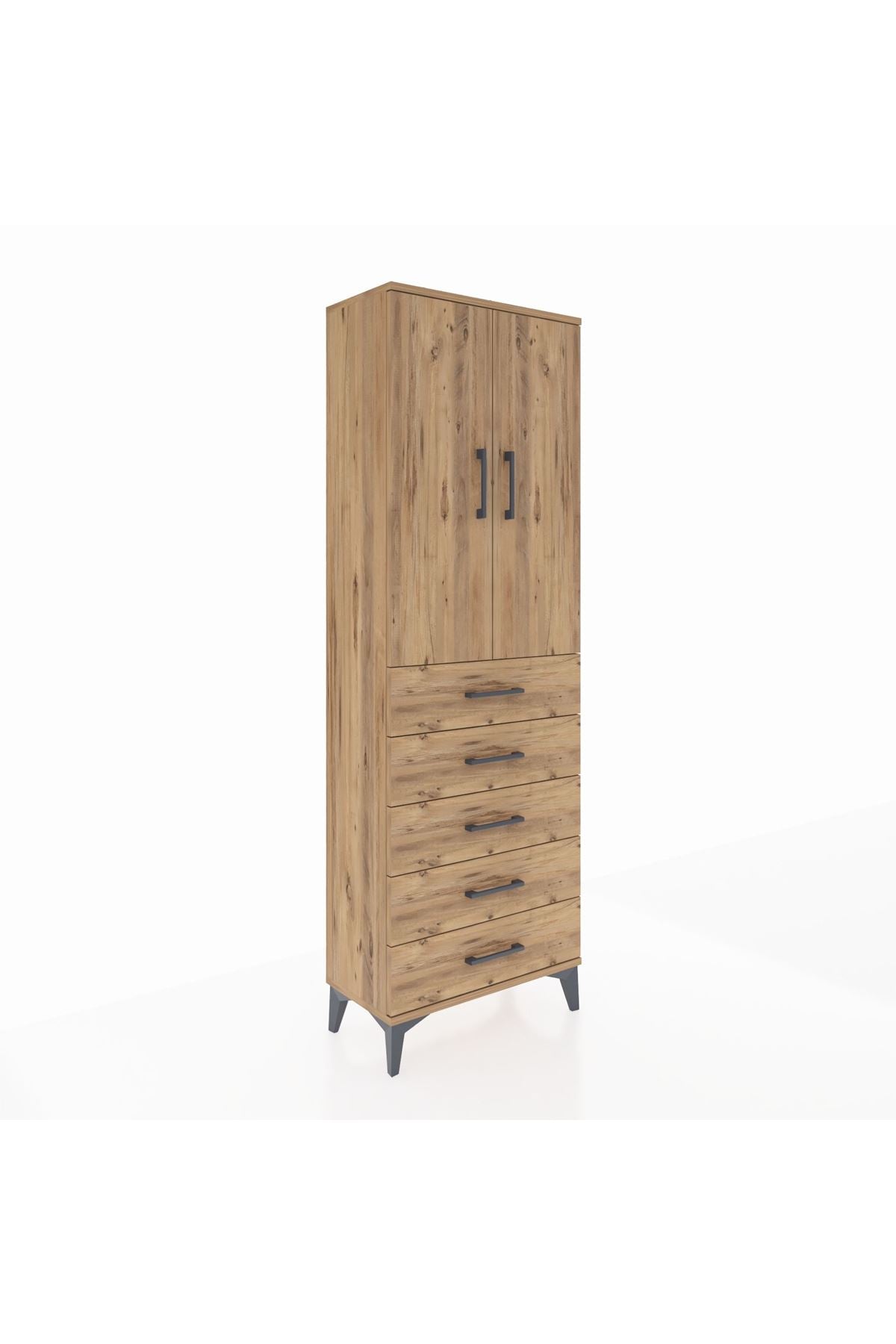 Arges Dolap Tek Raflı 5 Çekmeceli Tek Askılı 60x30x182 Çam-Çam