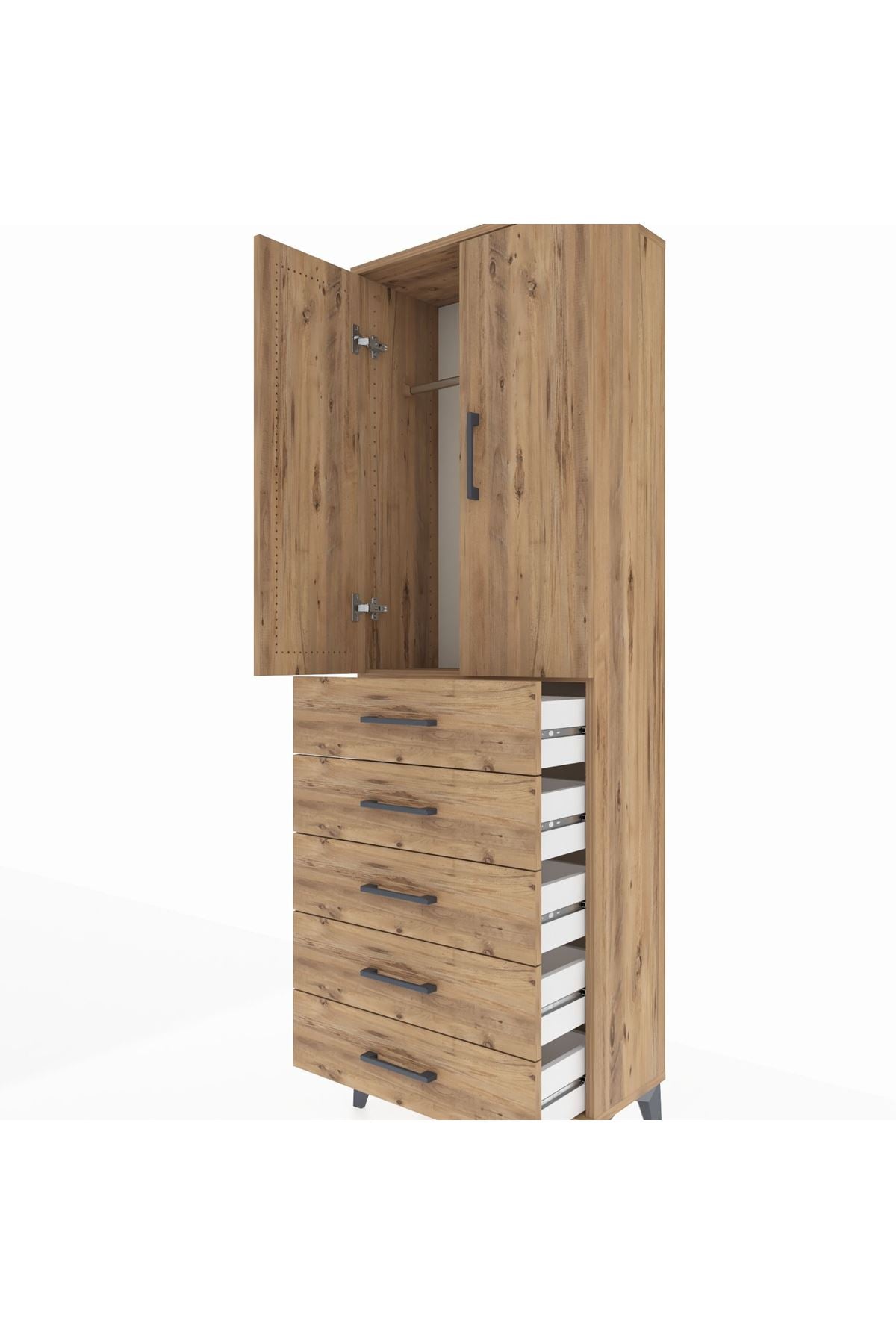 Arges Dolap Tek Raflı 5 Çekmeceli Tek Askılı 60x30x182 Çam-Çam