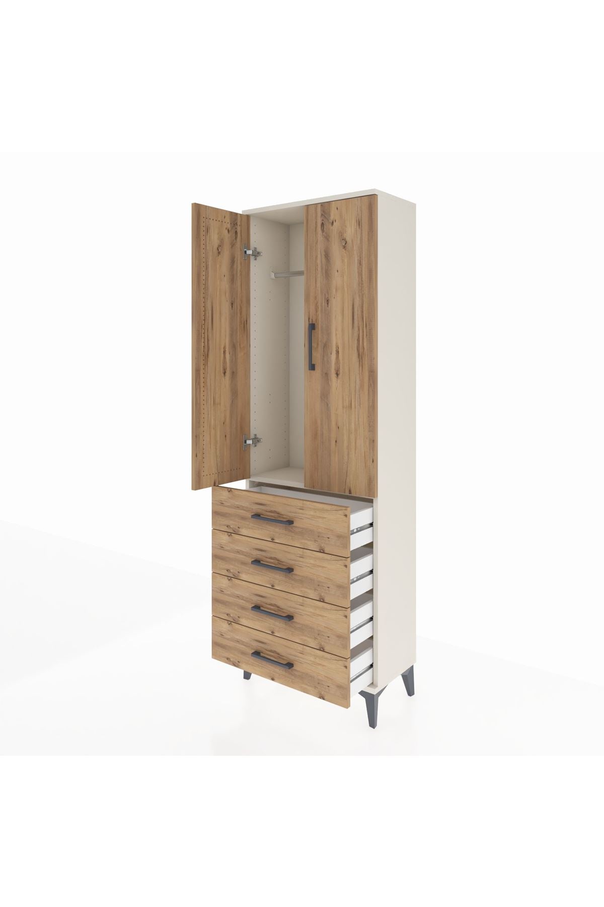 Arges Dolap Tek Raflı 4 Çekmeceli Tek Askılı 60x30x182 Aytaşı-Çam