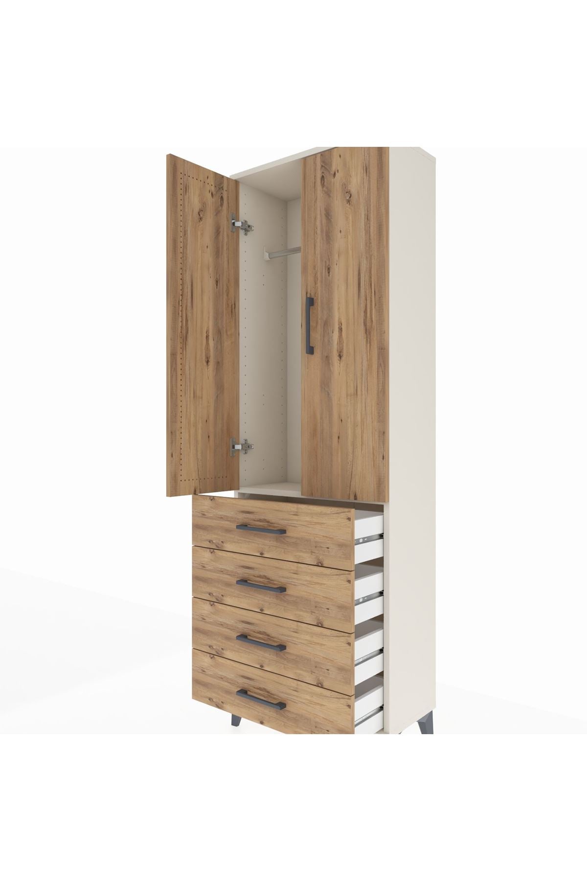 Arges Dolap Tek Raflı 4 Çekmeceli Tek Askılı 60x30x182 Aytaşı-Çam