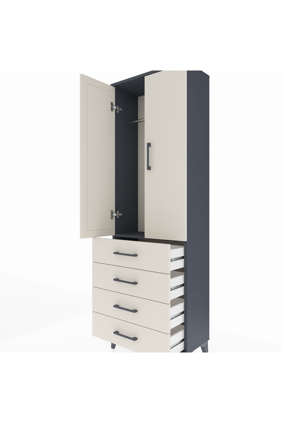 Arges Dolap Tek Raflı 4 Çekmeceli Tek Askılı 60x30x182 Antrasit-Aytaşı