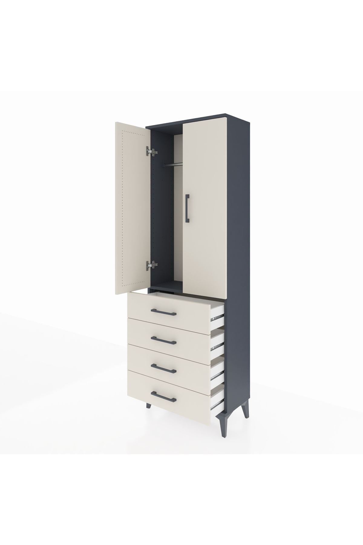 Arges Dolap Tek Raflı 4 Çekmeceli Tek Askılı 60x30x182 Antrasit-Aytaşı