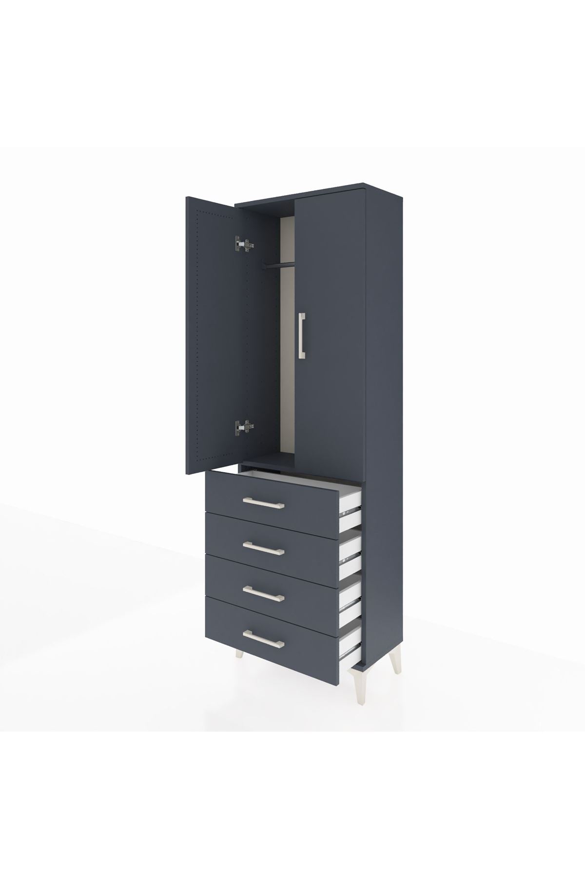 Arges Dolap Tek Raflı 4 Çekmeceli Tek Askılı 60x30x182 Antrasit-Antrasit