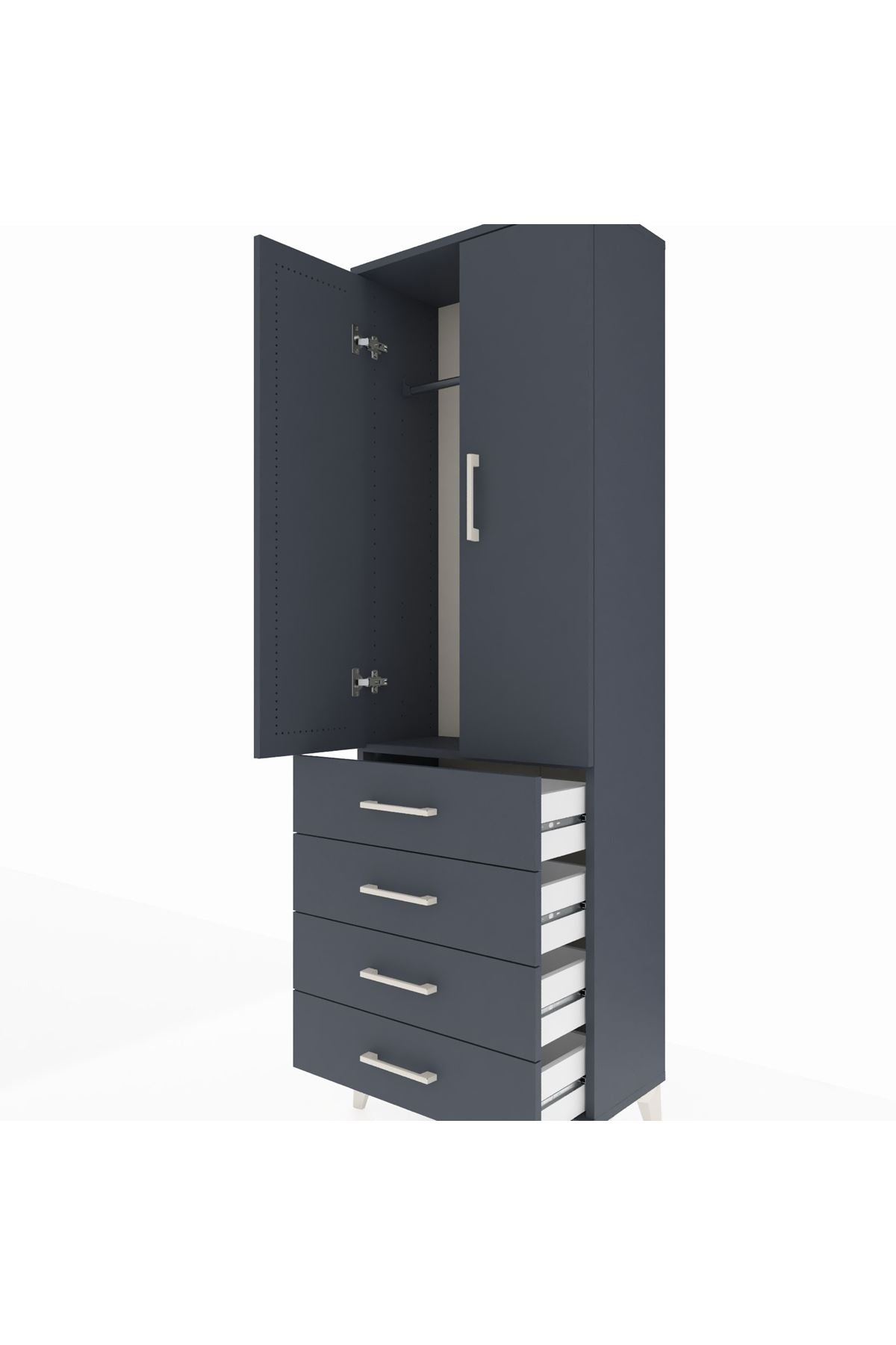 Arges Dolap Tek Raflı 4 Çekmeceli Tek Askılı 60x30x182 Antrasit-Antrasit