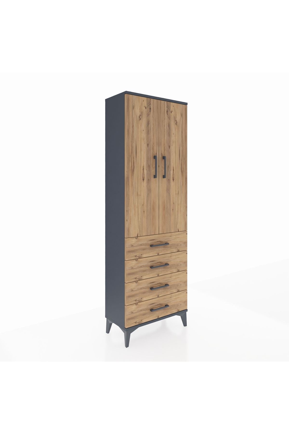 Arges Dolap Tek Raflı 4 Çekmeceli Tek Askılı 60x30x182 Antrasit-Çam