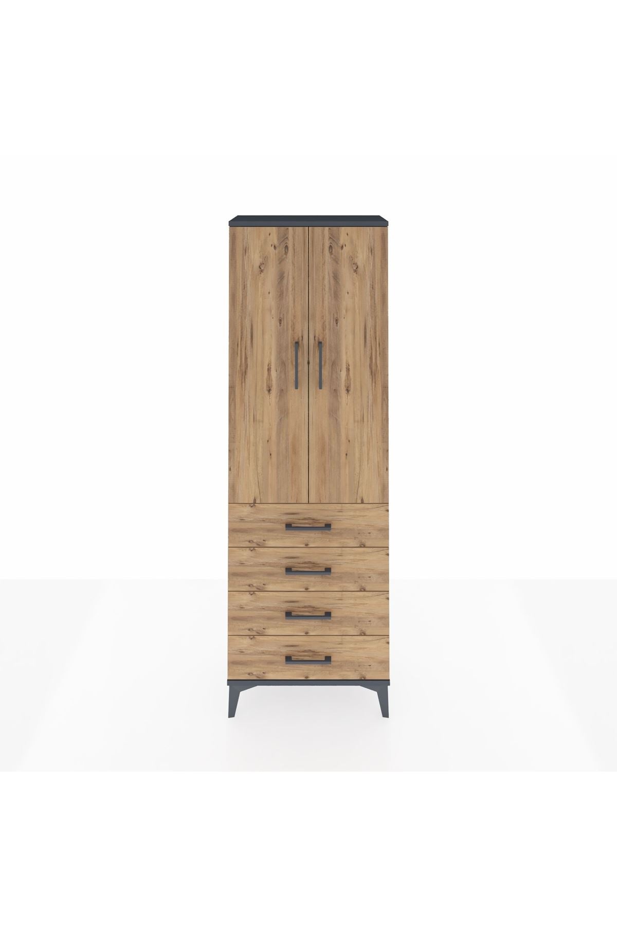 Arges Dolap Tek Raflı 4 Çekmeceli Tek Askılı 60x30x182 Antrasit-Çam