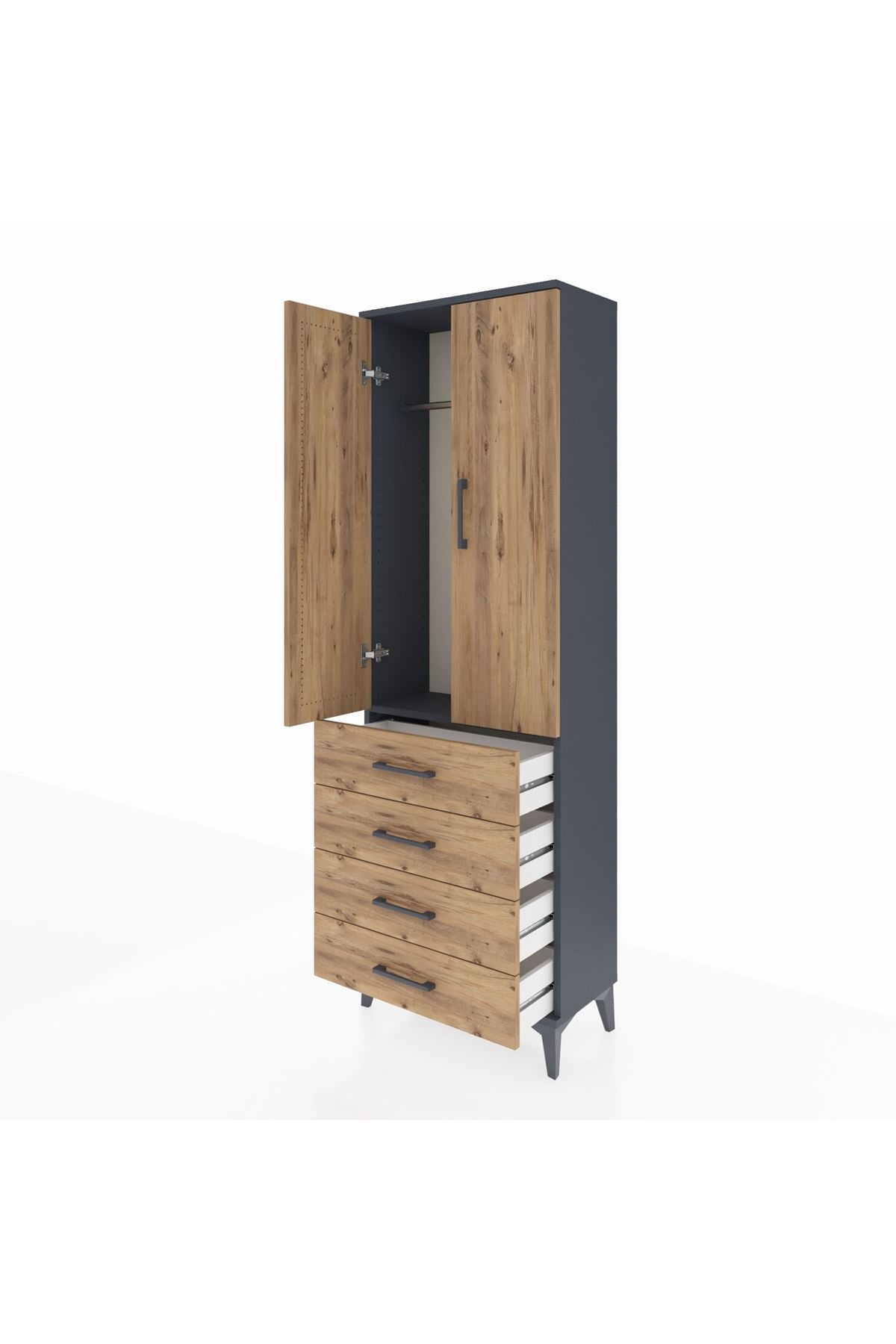 Arges Dolap Tek Raflı 4 Çekmeceli Tek Askılı 60x30x182 Antrasit-Çam