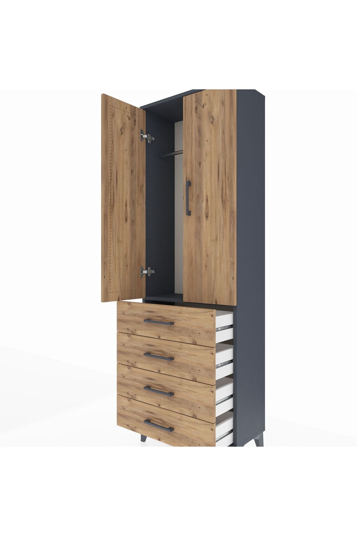 Arges Dolap Tek Raflı 4 Çekmeceli Tek Askılı 60x30x182 Antrasit-Çam