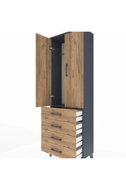Arges Dolap Tek Raflı 4 Çekmeceli Tek Askılı 60x30x182 Antrasit-Çam
