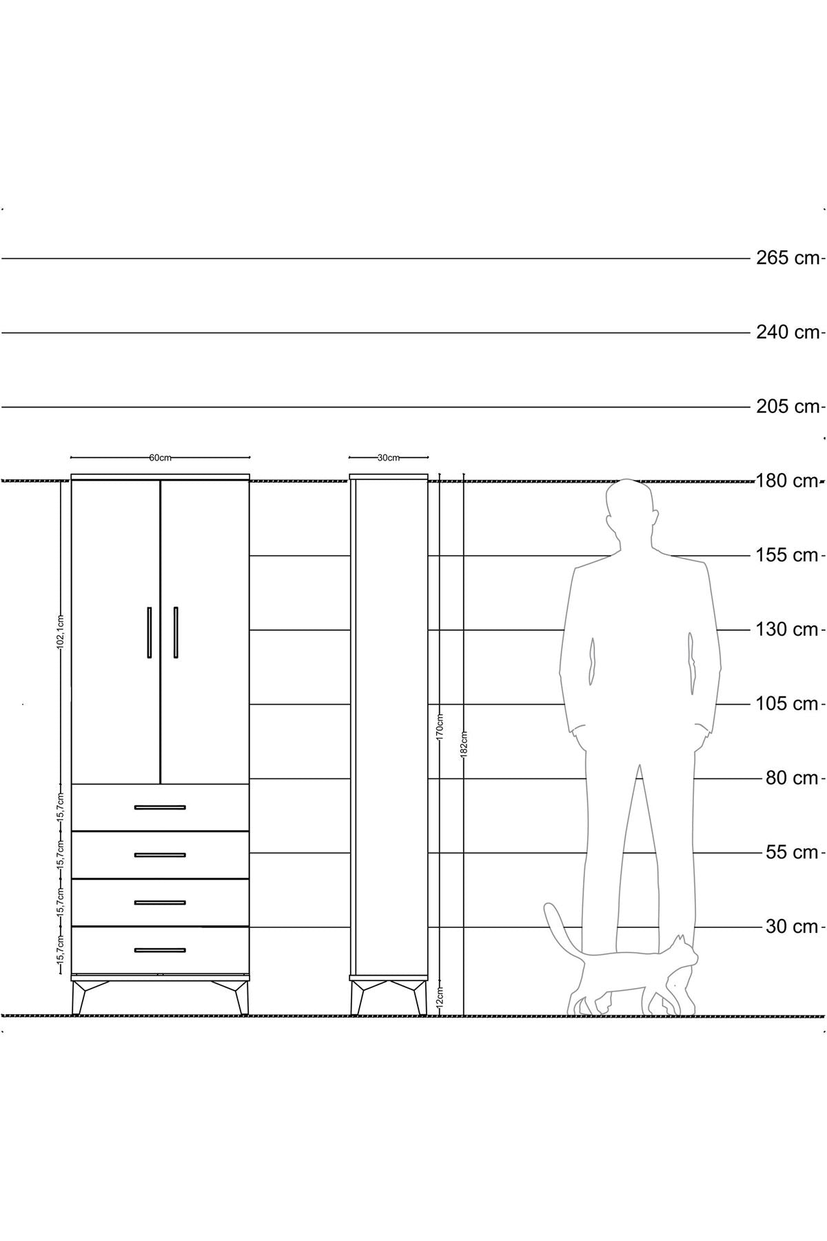 Arges Dolap Tek Raflı 4 Çekmeceli Tek Askılı 60x30x182 Çam-Aytaşı