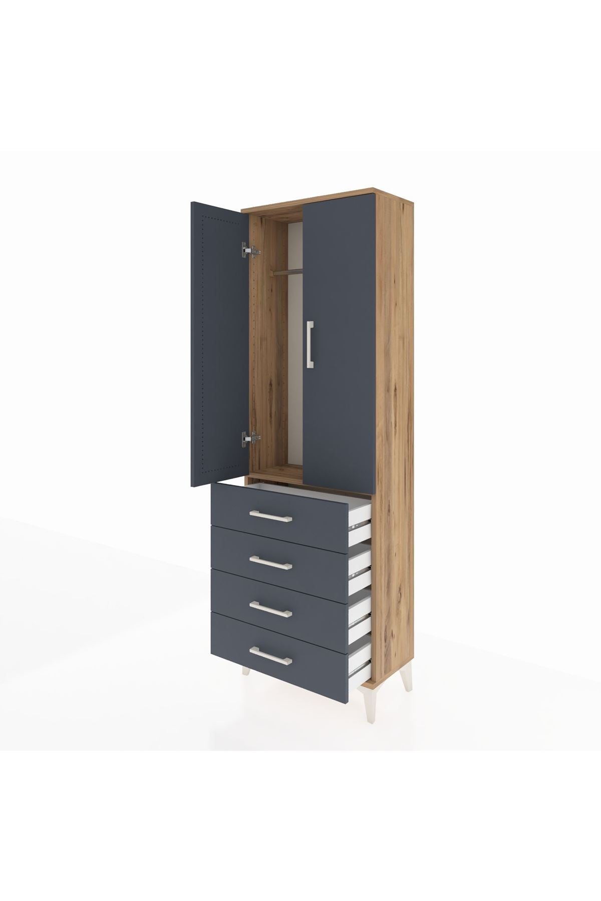 Arges Dolap Tek Raflı 4 Çekmeceli Tek Askılı 60x30x182 Çam-Antrasit