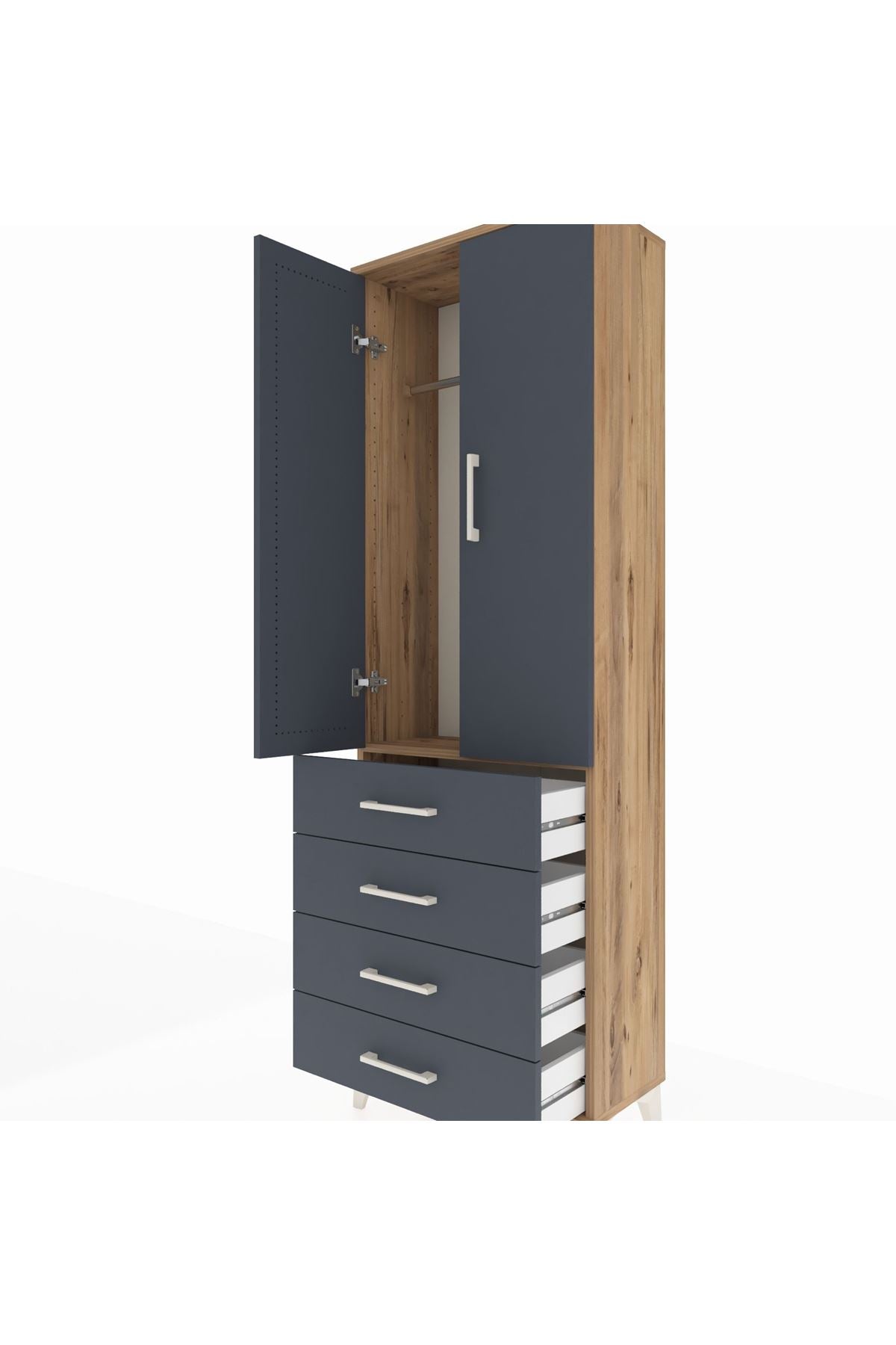 Arges Dolap Tek Raflı 4 Çekmeceli Tek Askılı 60x30x182 Çam-Antrasit