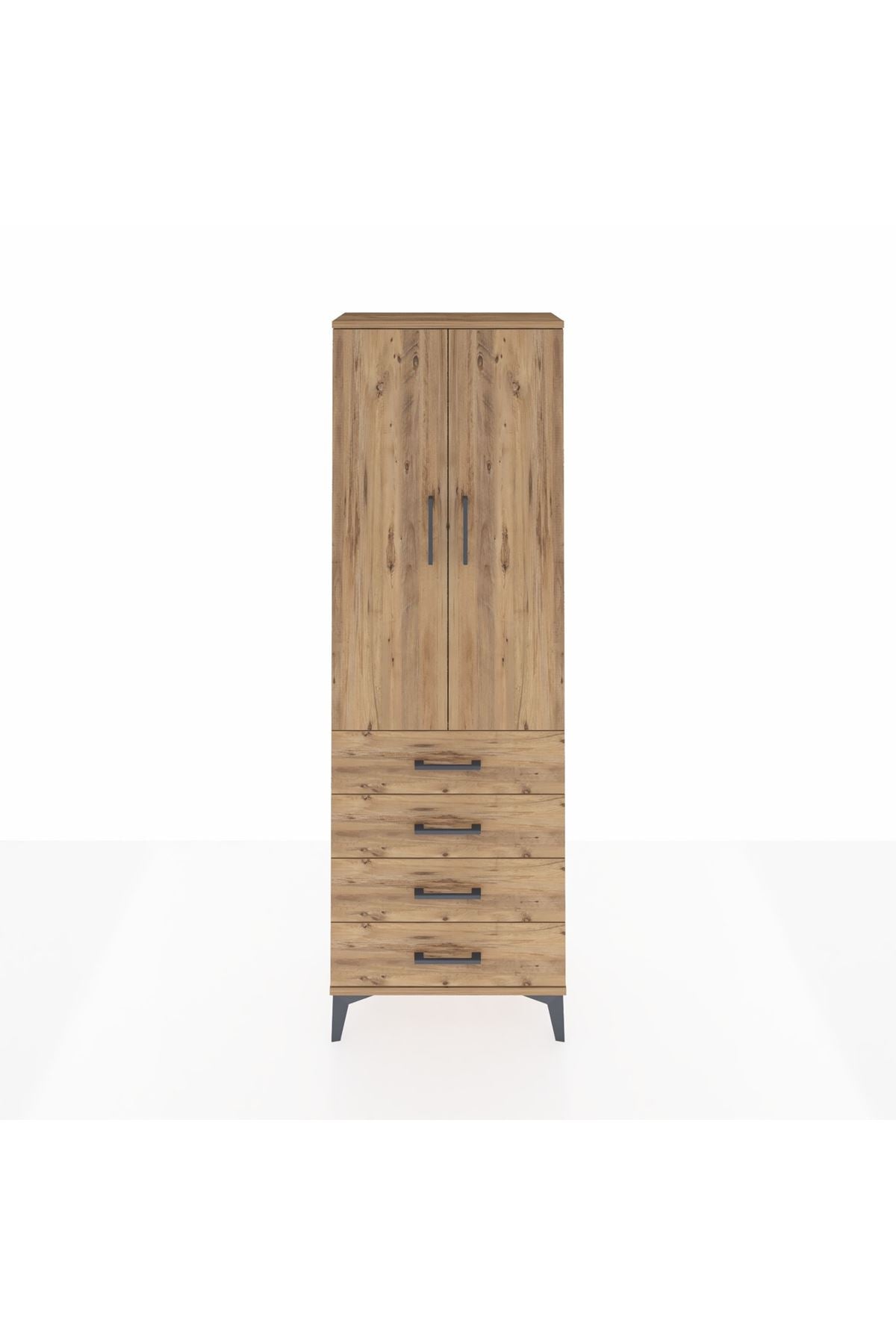 Arges Dolap Tek Raflı 4 Çekmeceli Tek Askılı 60x30x182 Çam-Çam