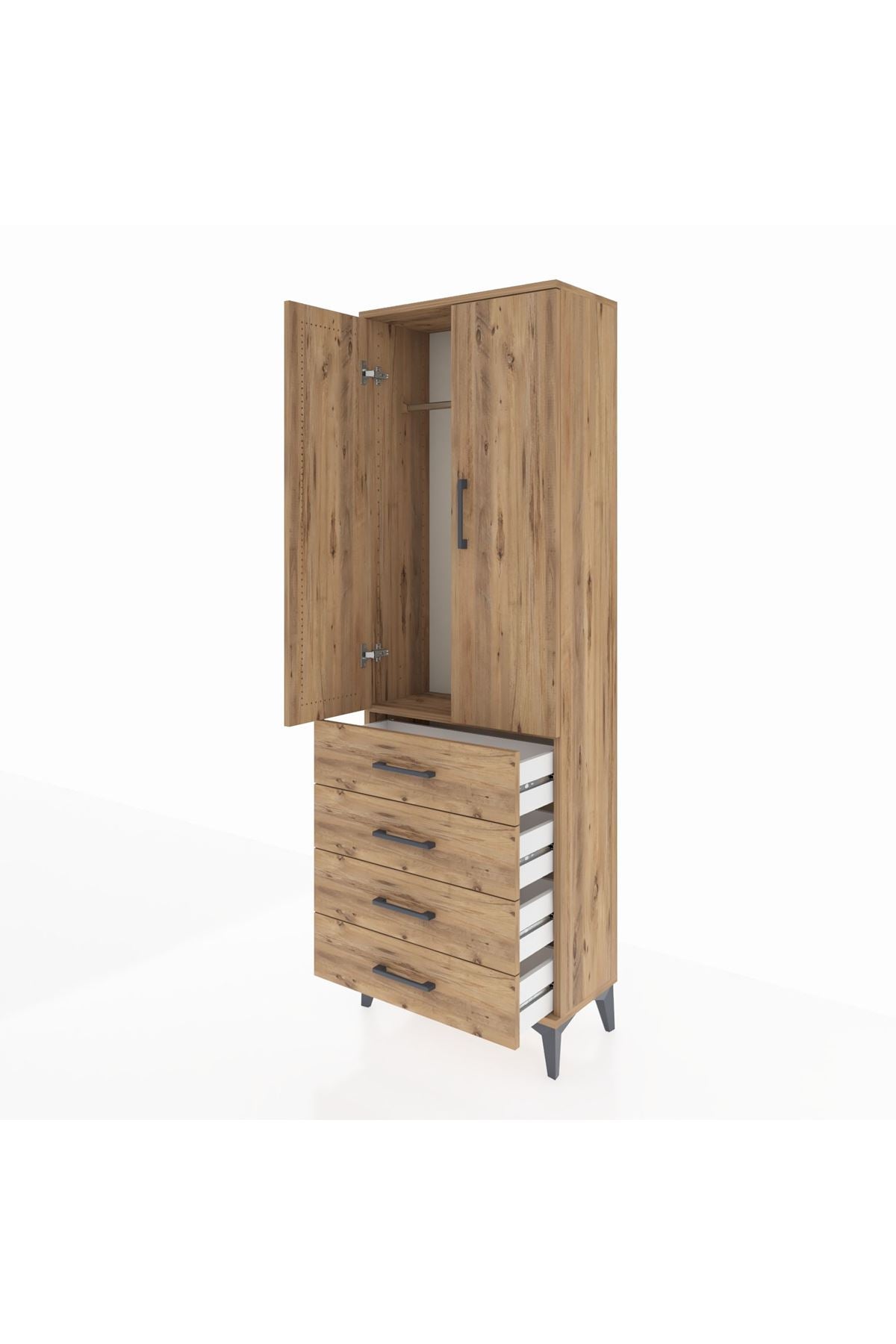 Arges Dolap Tek Raflı 4 Çekmeceli Tek Askılı 60x30x182 Çam-Çam