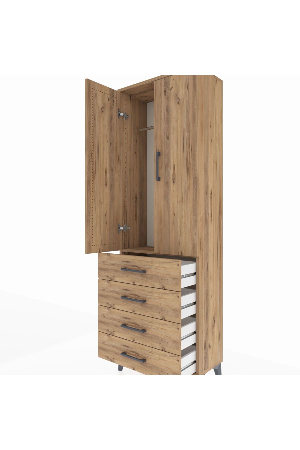 Arges Dolap Tek Raflı 4 Çekmeceli Tek Askılı 60x30x182 Çam-Çam