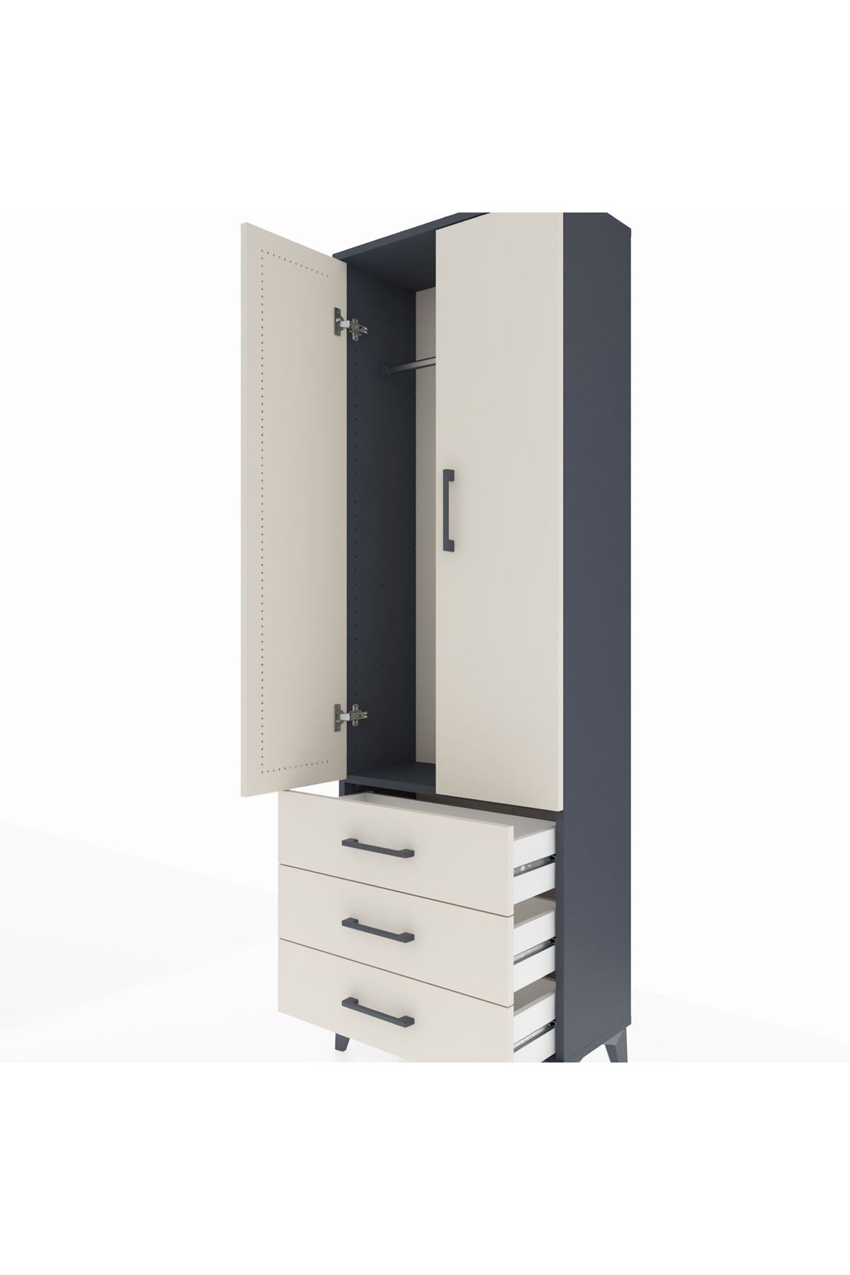 Arges Dolap Tek Raflı 3 Çekmeceli Tek Askılı 60x30x182 Antrasit-Aytaşı