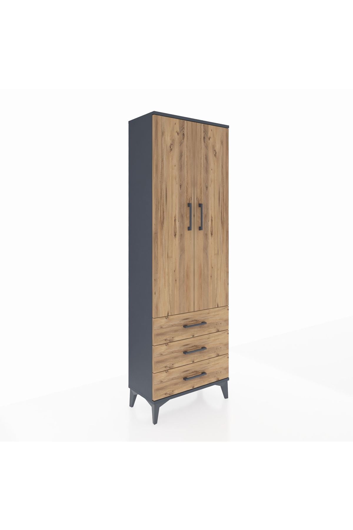 Arges Dolap Tek Raflı 3 Çekmeceli Tek Askılı 60x30x182 Antrasit-Çam