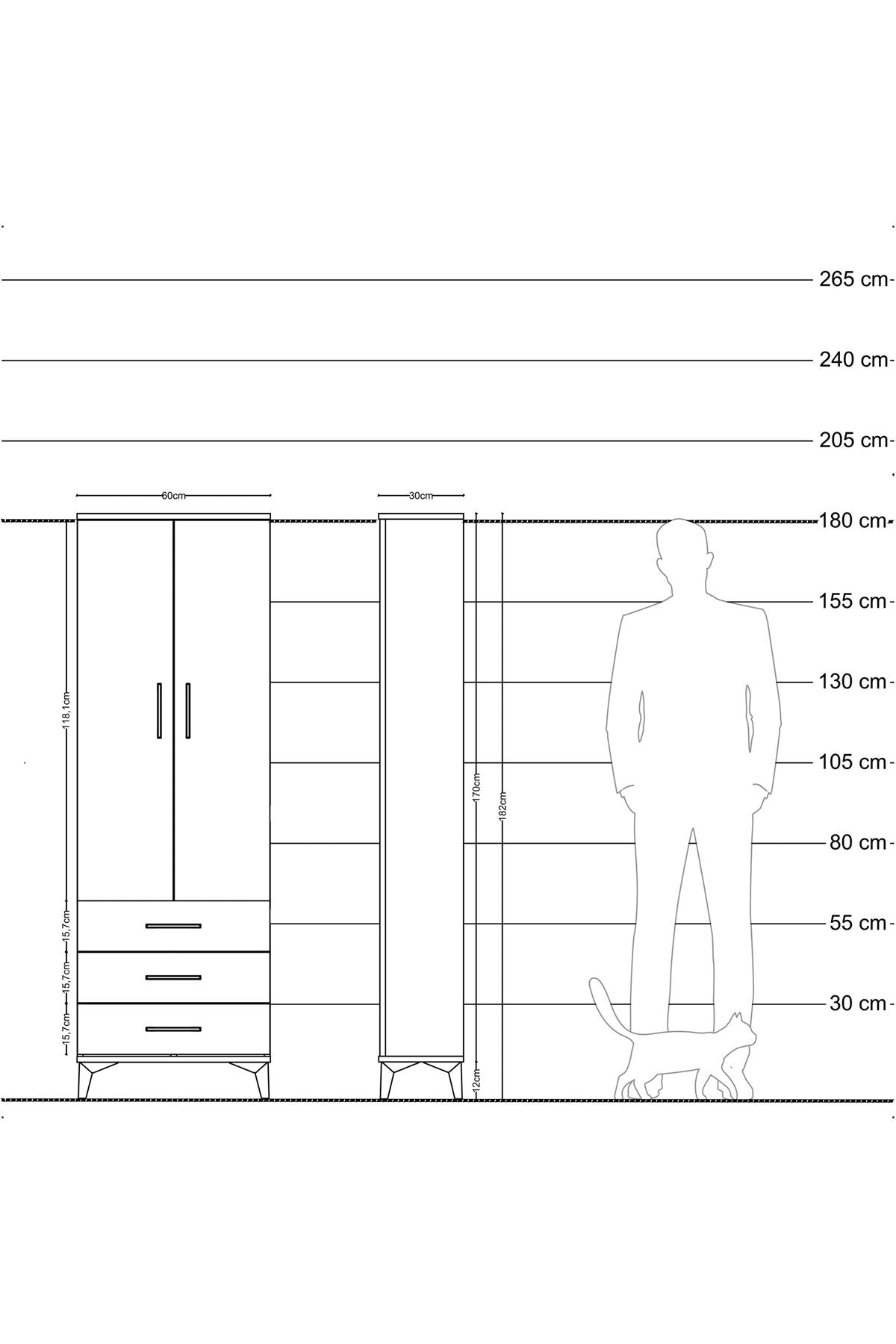 Arges Dolap Tek Raflı 3 Çekmeceli Tek Askılı 60x30x182 Antrasit-Çam