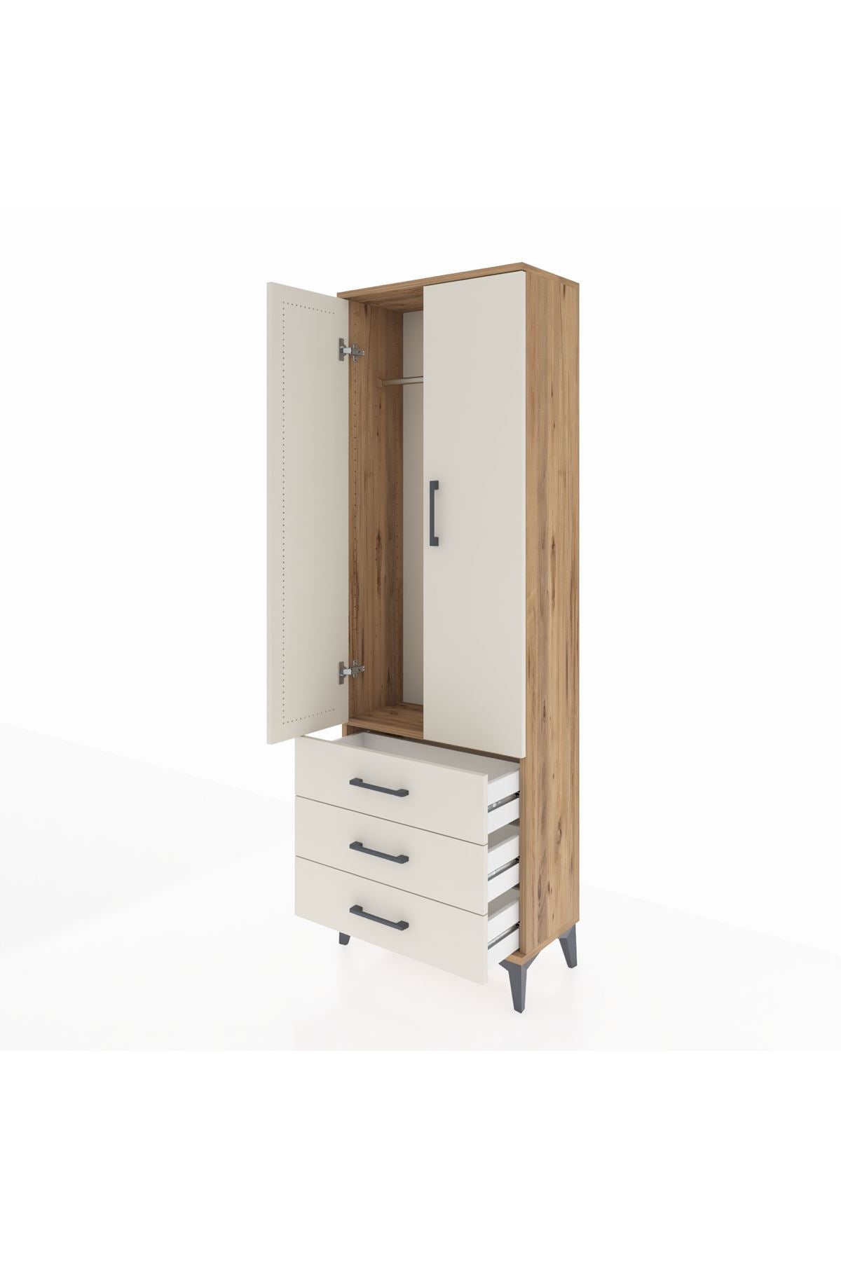 Arges Dolap Tek Raflı 3 Çekmeceli Tek Askılı 60x30x182 Çam-Aytaşı