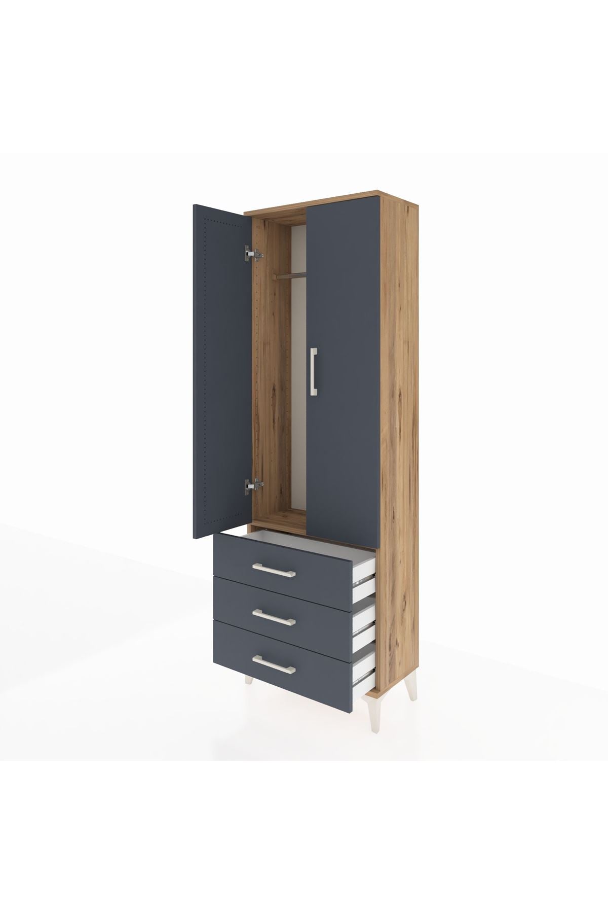 Arges Dolap Tek Raflı 3 Çekmeceli Tek Askılı 60x30x182 Çam-Antrasit